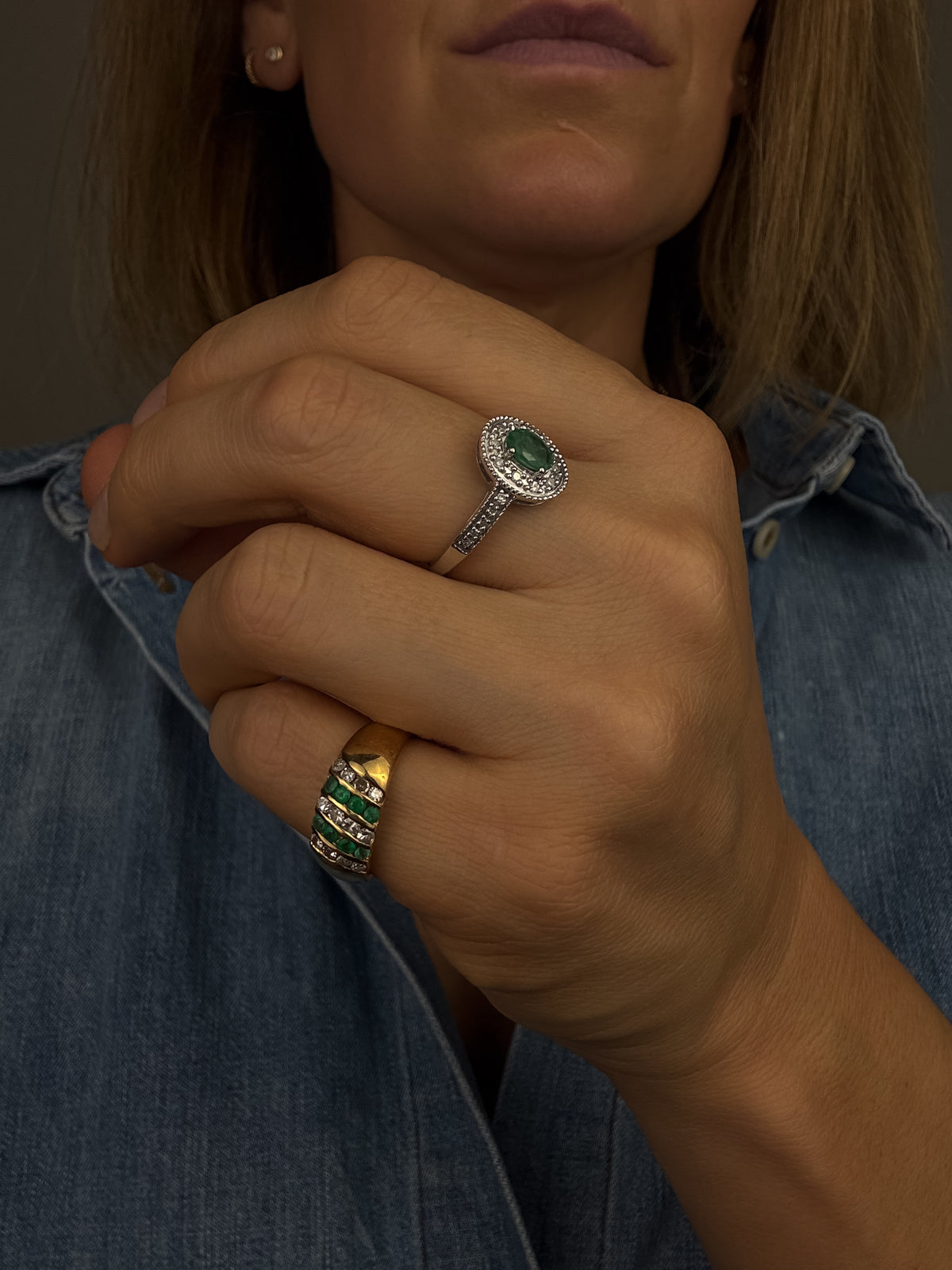 Emerald and Diamond Halo Ring