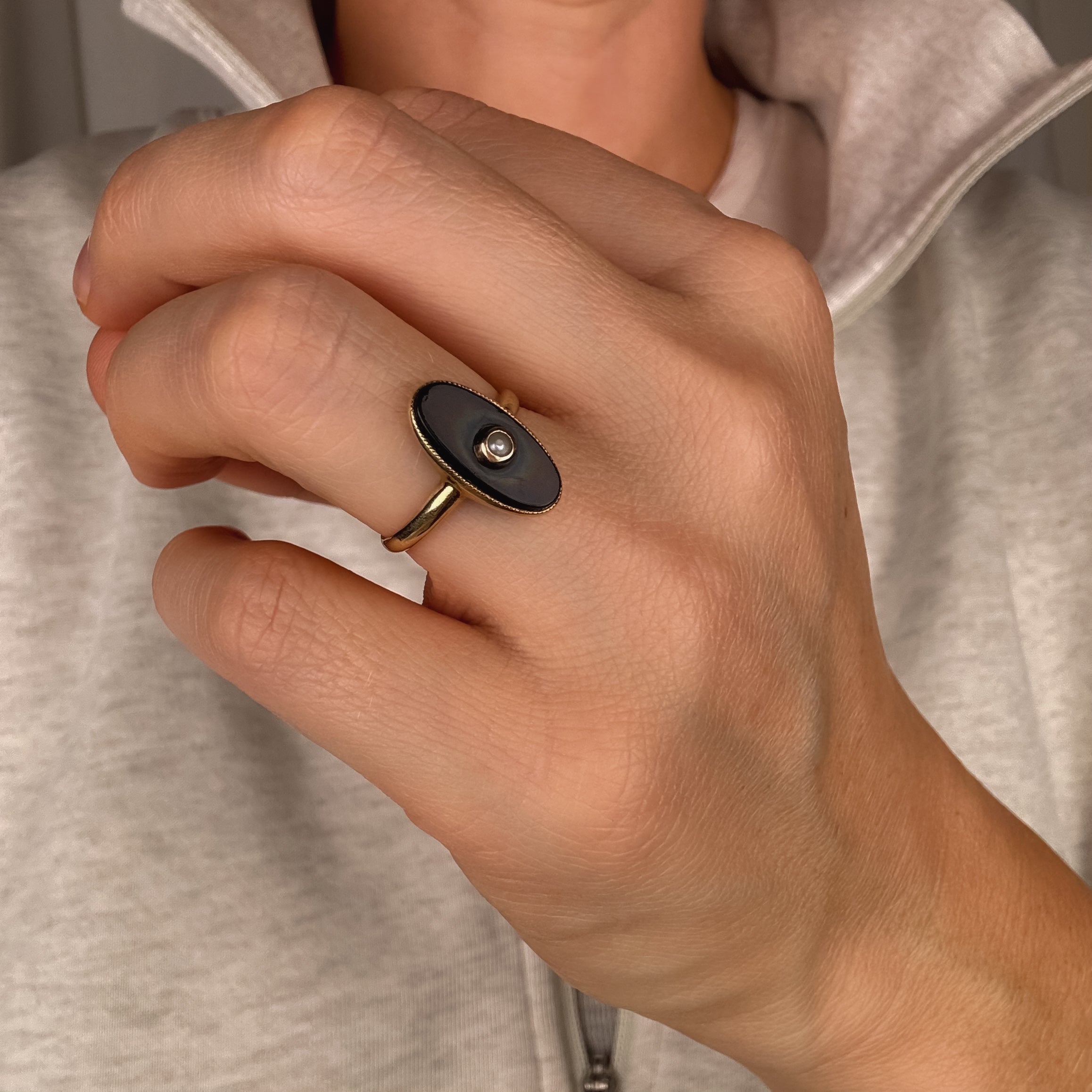 Onyx and Seed Pearl Oval Ring