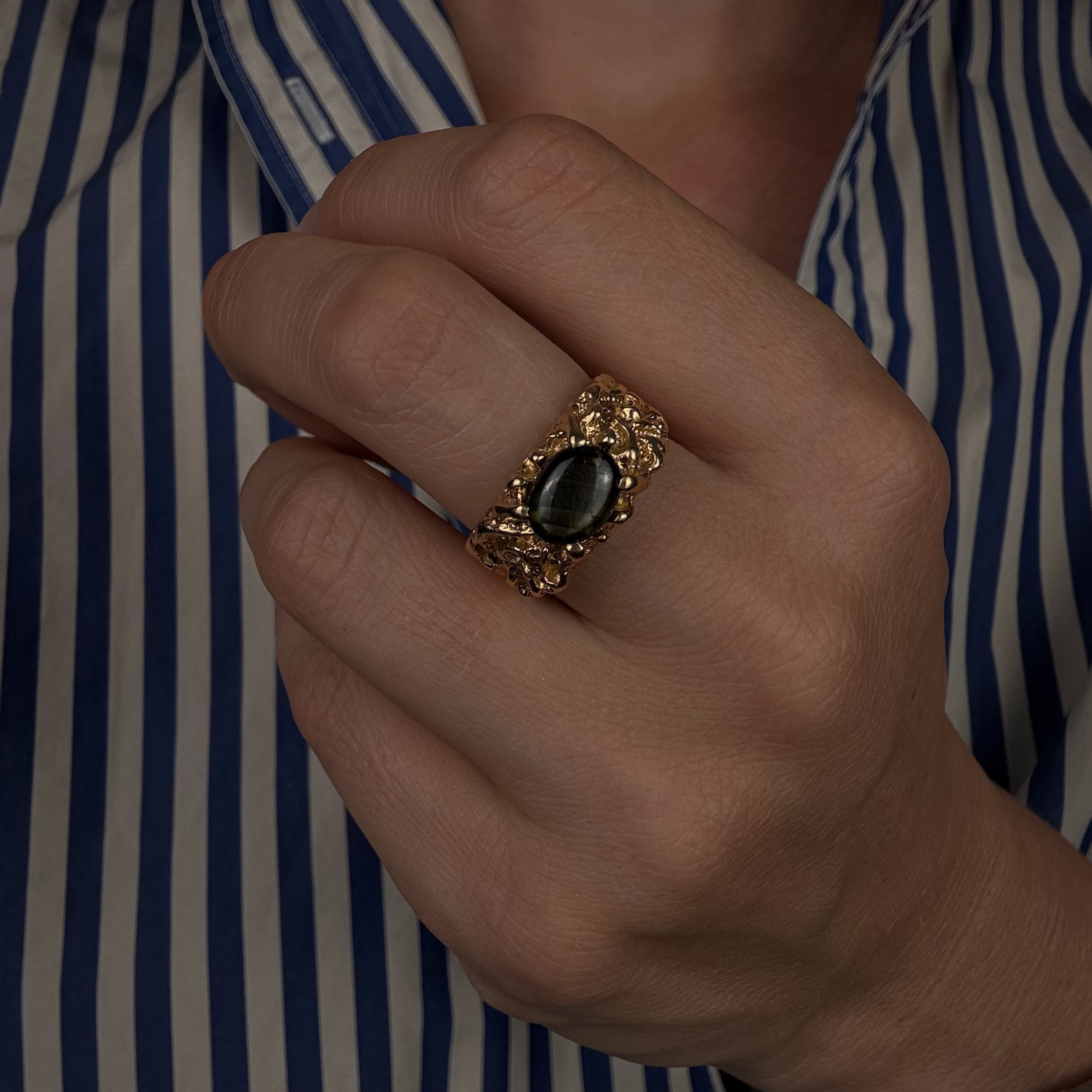 Gold Nugget Black Star Sapphire Ring
