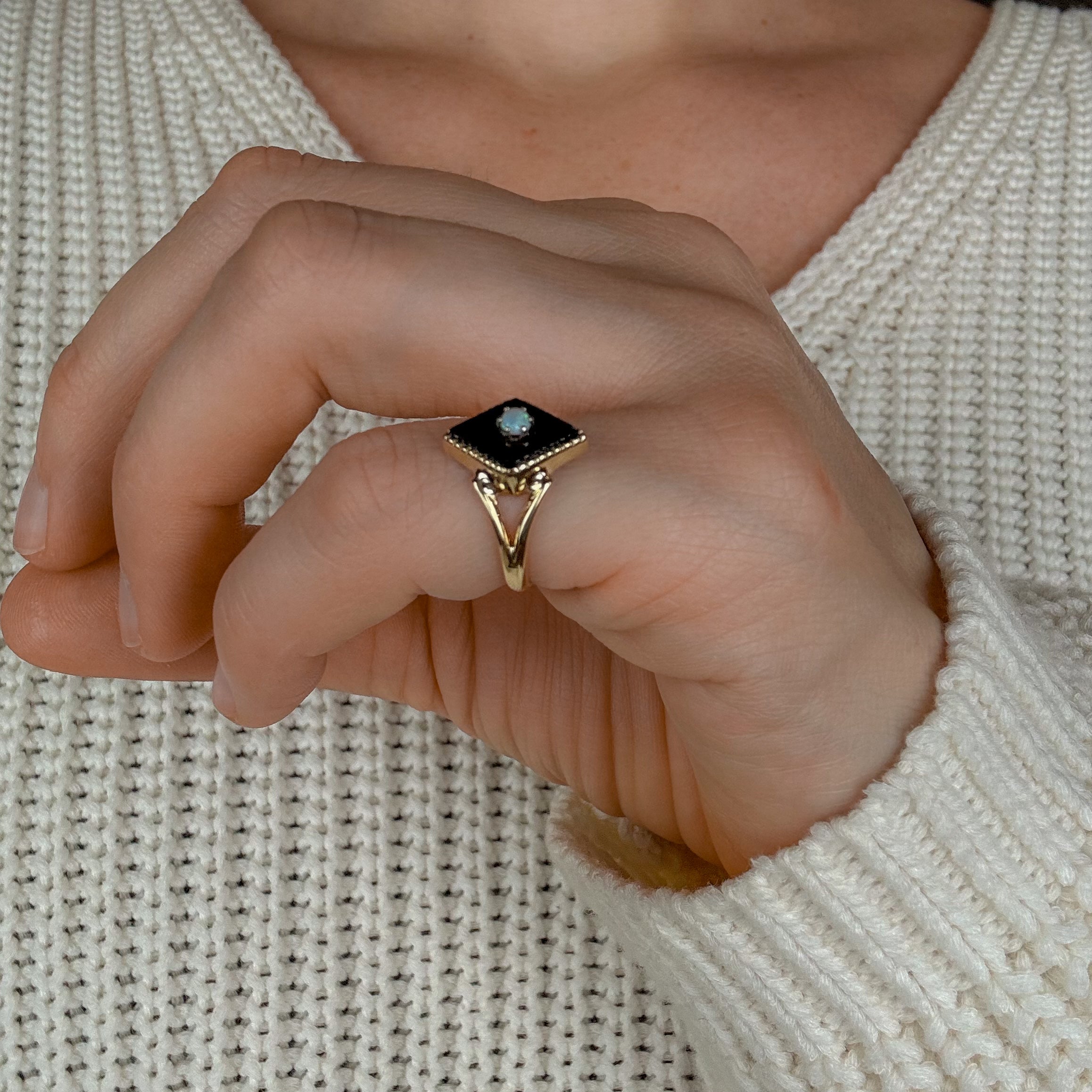 Rhombus Shaped Onyx and Opal Ring