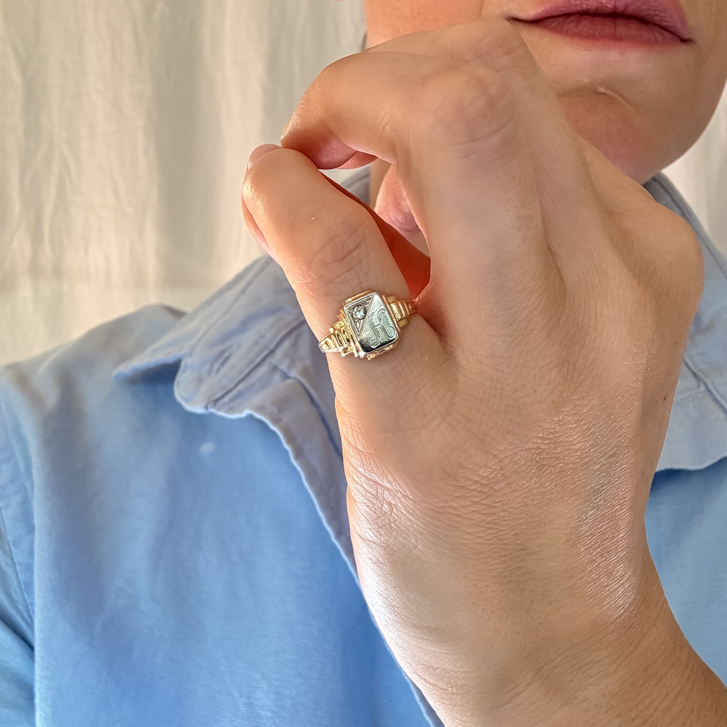 Two-Two Gold and Diamond 'K' Signet Pinkie Ring