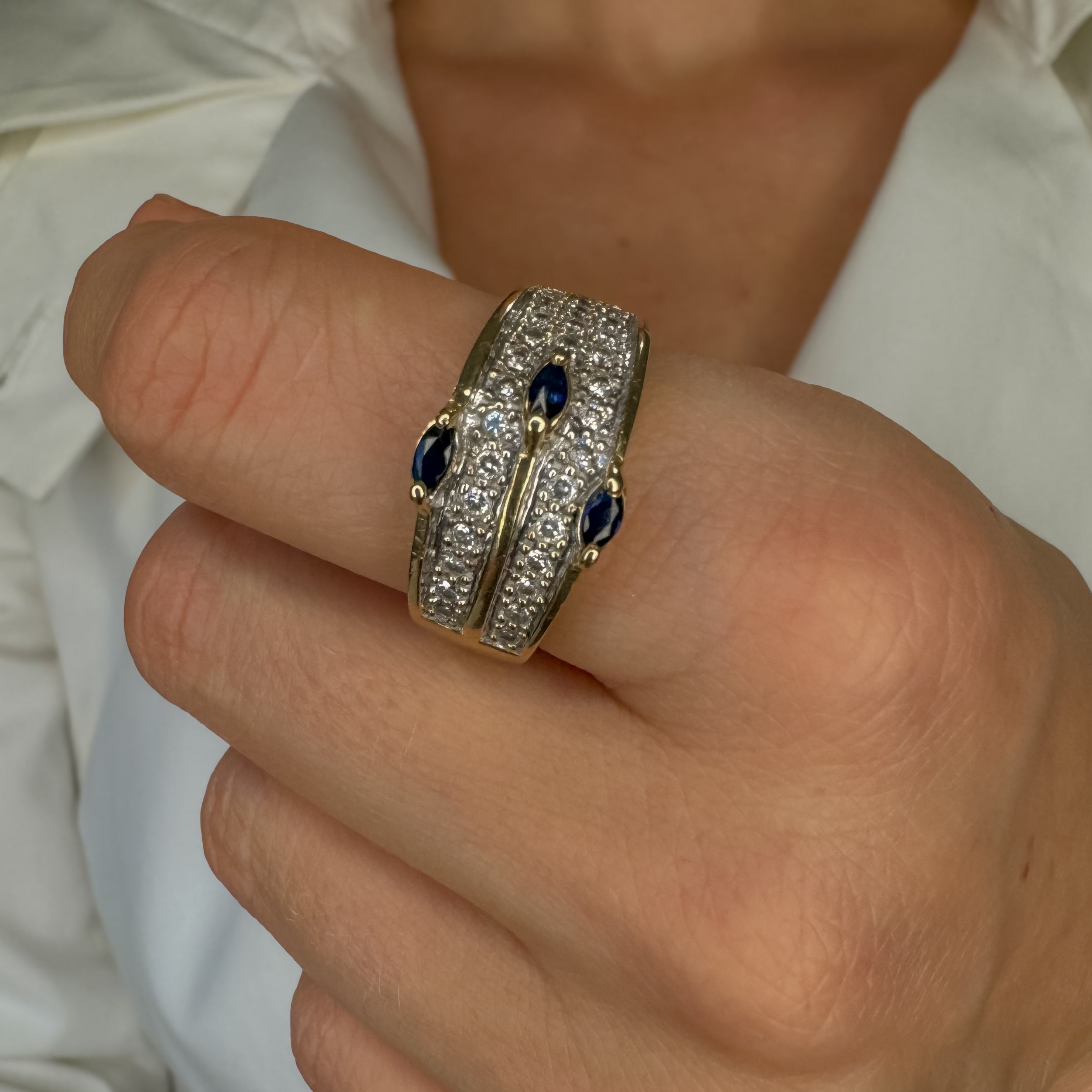 Wide Sapphire Trilogy and Diamond Ring