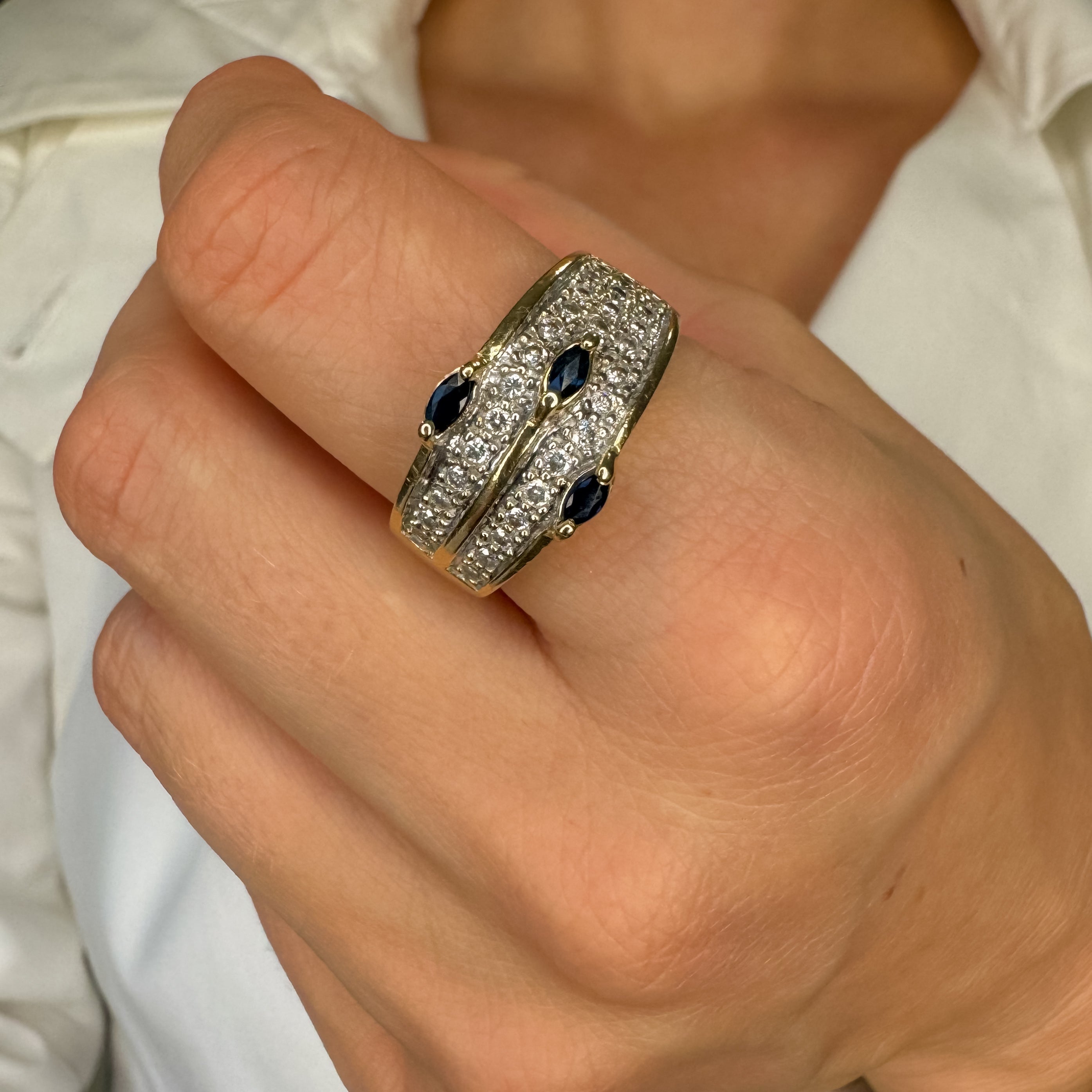 Wide Sapphire Trilogy and Diamond Ring