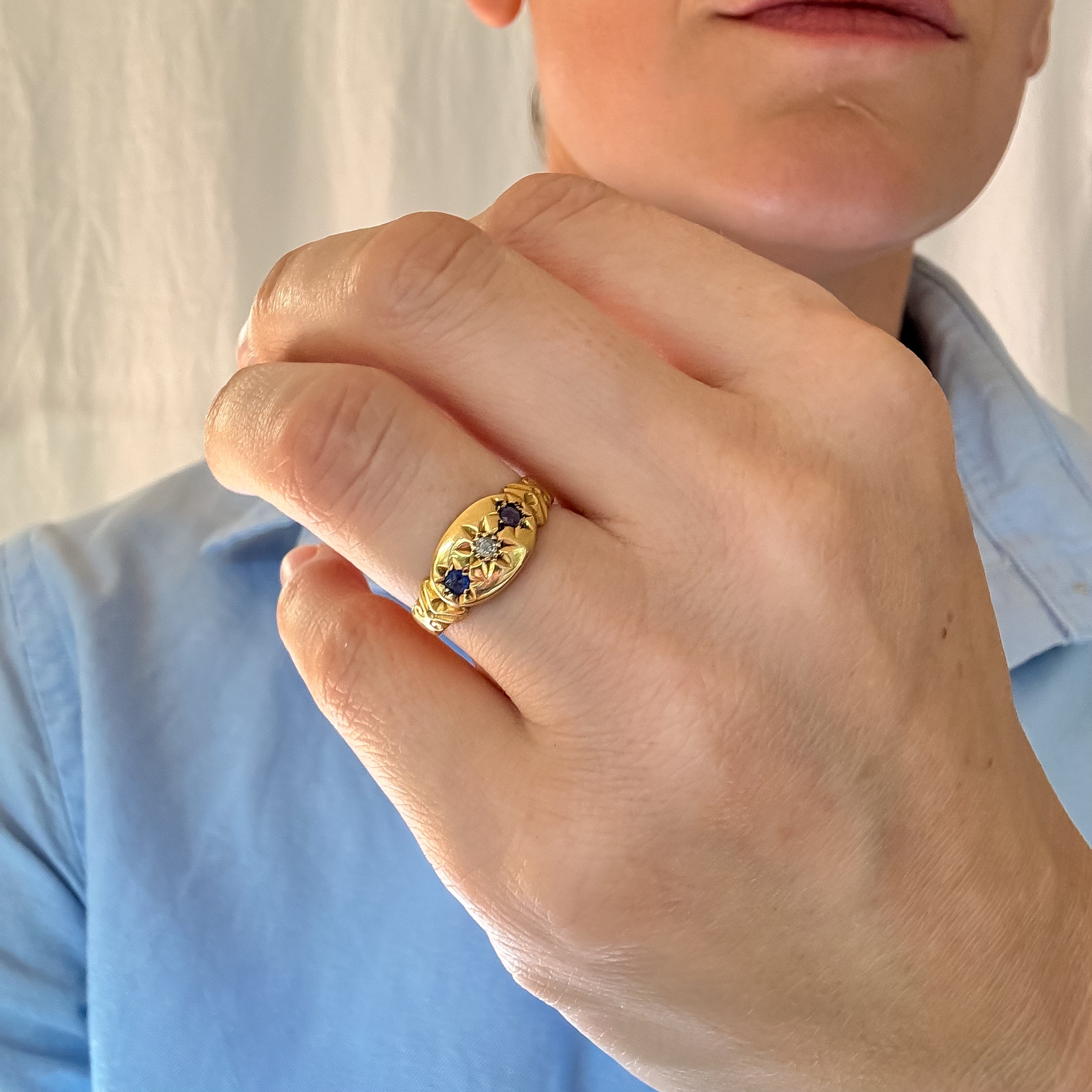 Victorian Diamond and Sapphire Starburst Trilogy Ring
