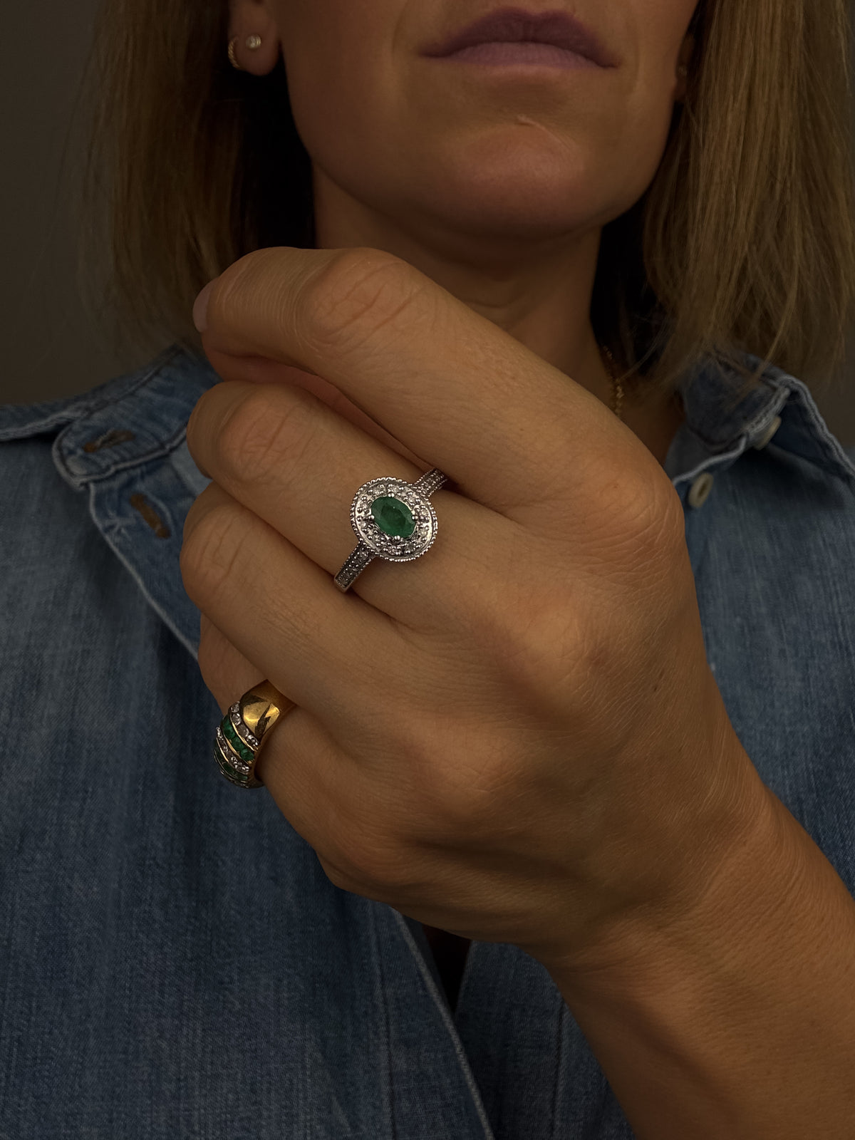 Emerald and Diamond Halo Ring