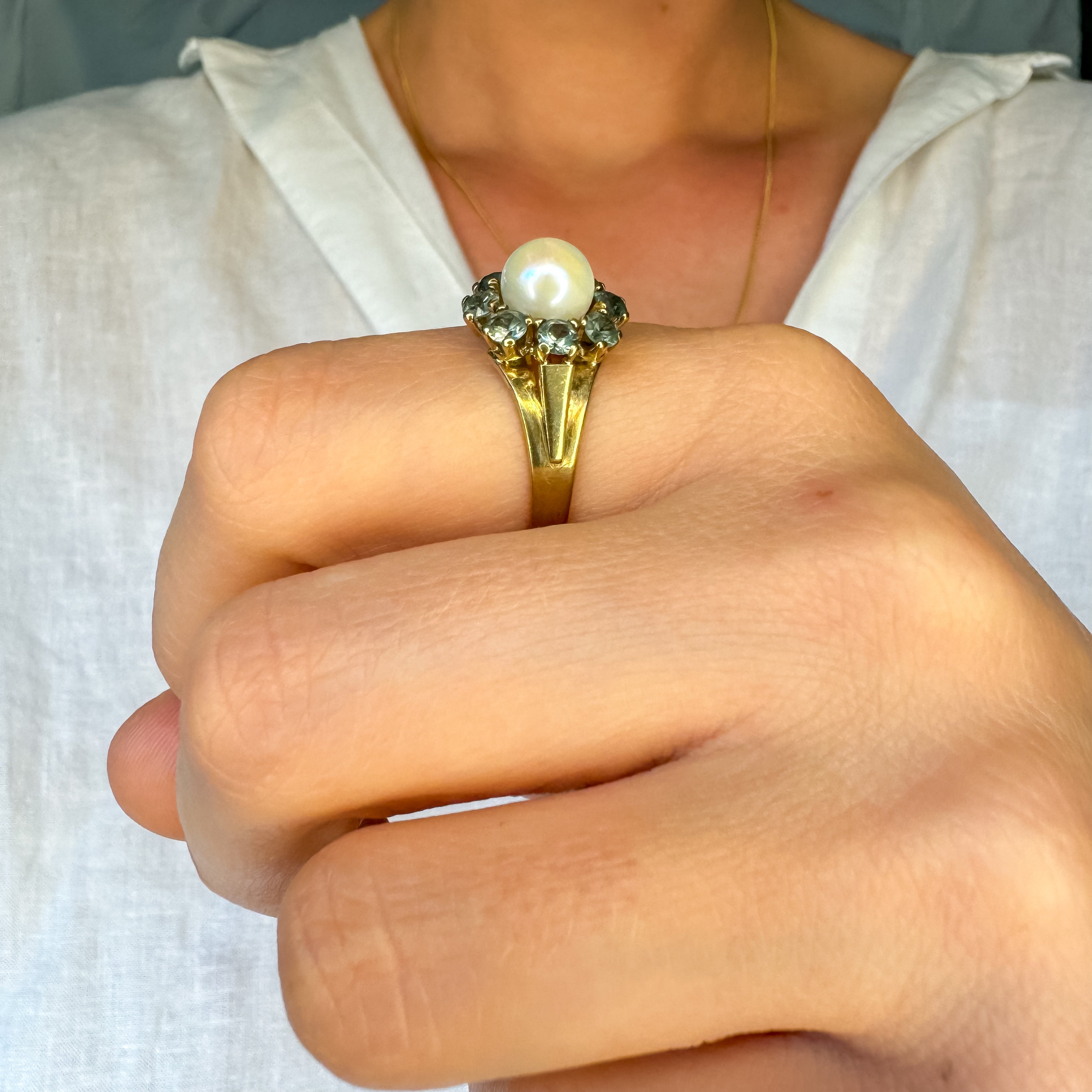 Pearl and Green Tourmaline Cluster Ring
