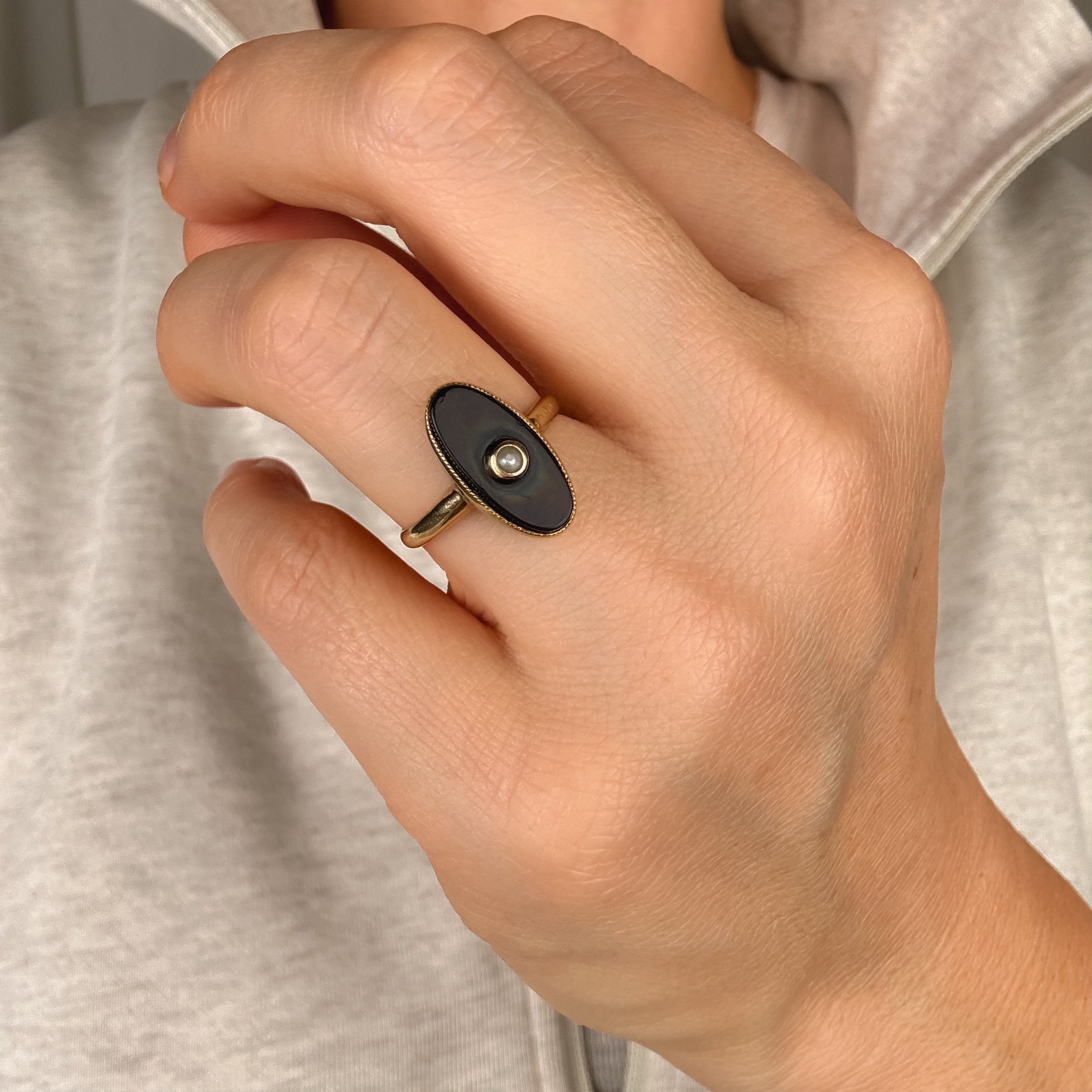 Onyx and Seed Pearl Oval Ring