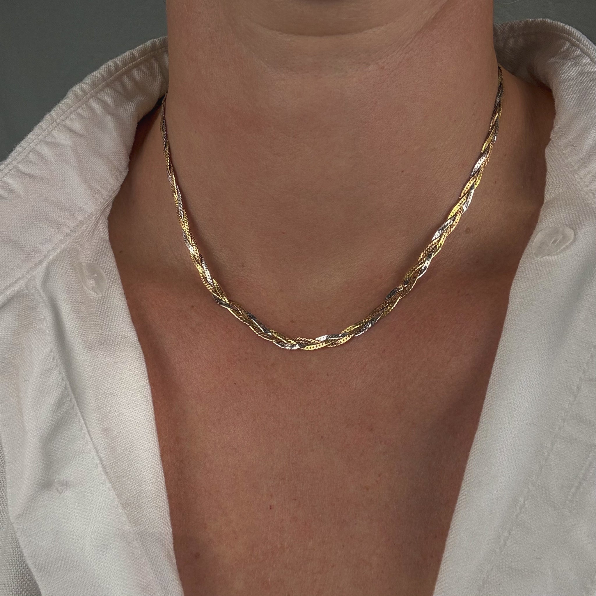 16" Braided Tri-Tone Herringbone Chain Necklace