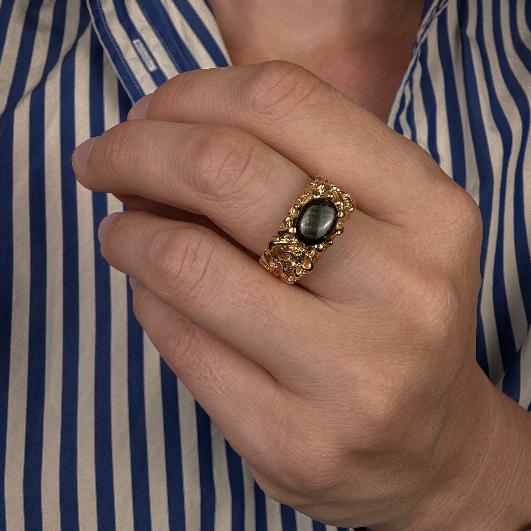 Gold Nugget Black Star Sapphire Ring