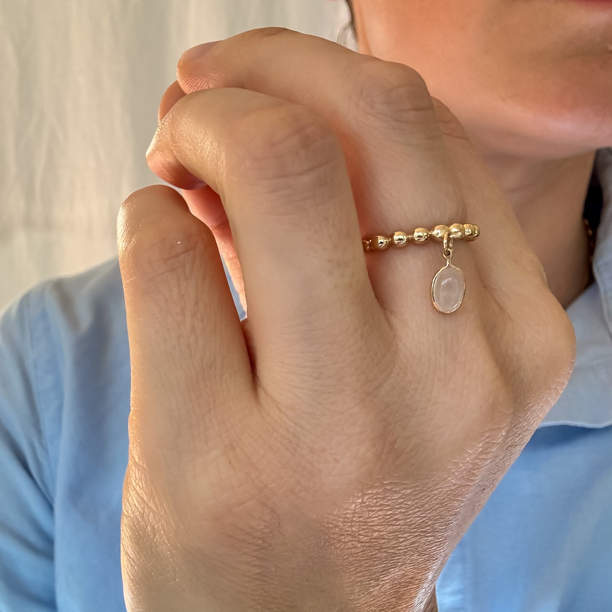 Ribbed Gold Band with Dangle Moonstone