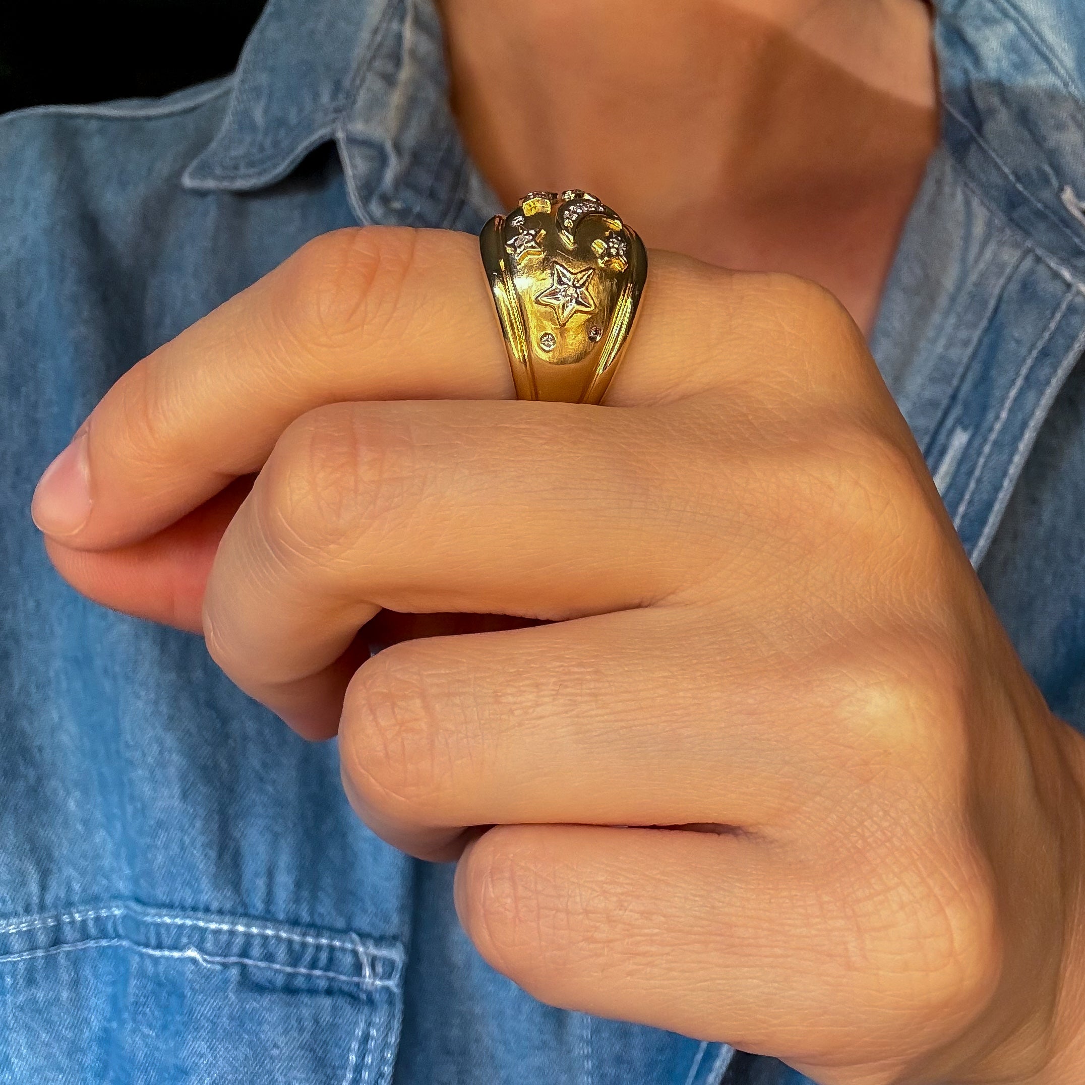 Diamond Moon and Stars Dome Ring