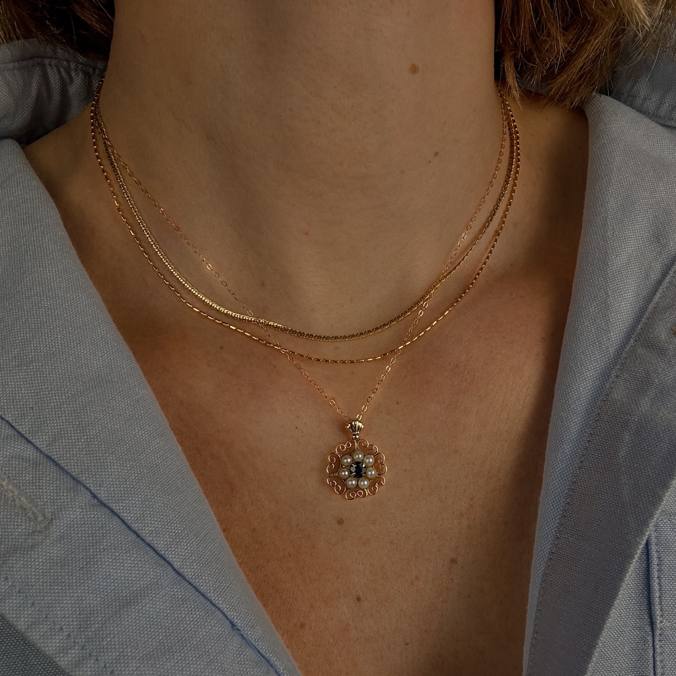 16.5" Sapphire and Pearl Flower Necklace