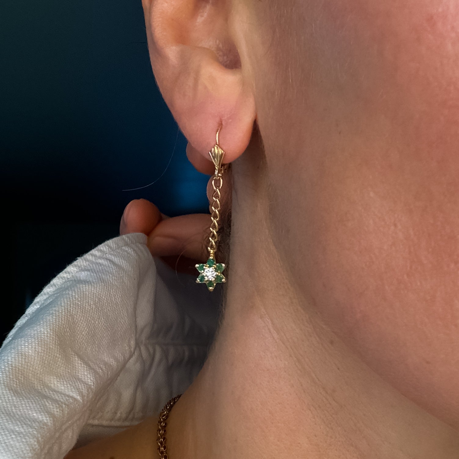 Emerald and Diamond Flower Dangle Earrings