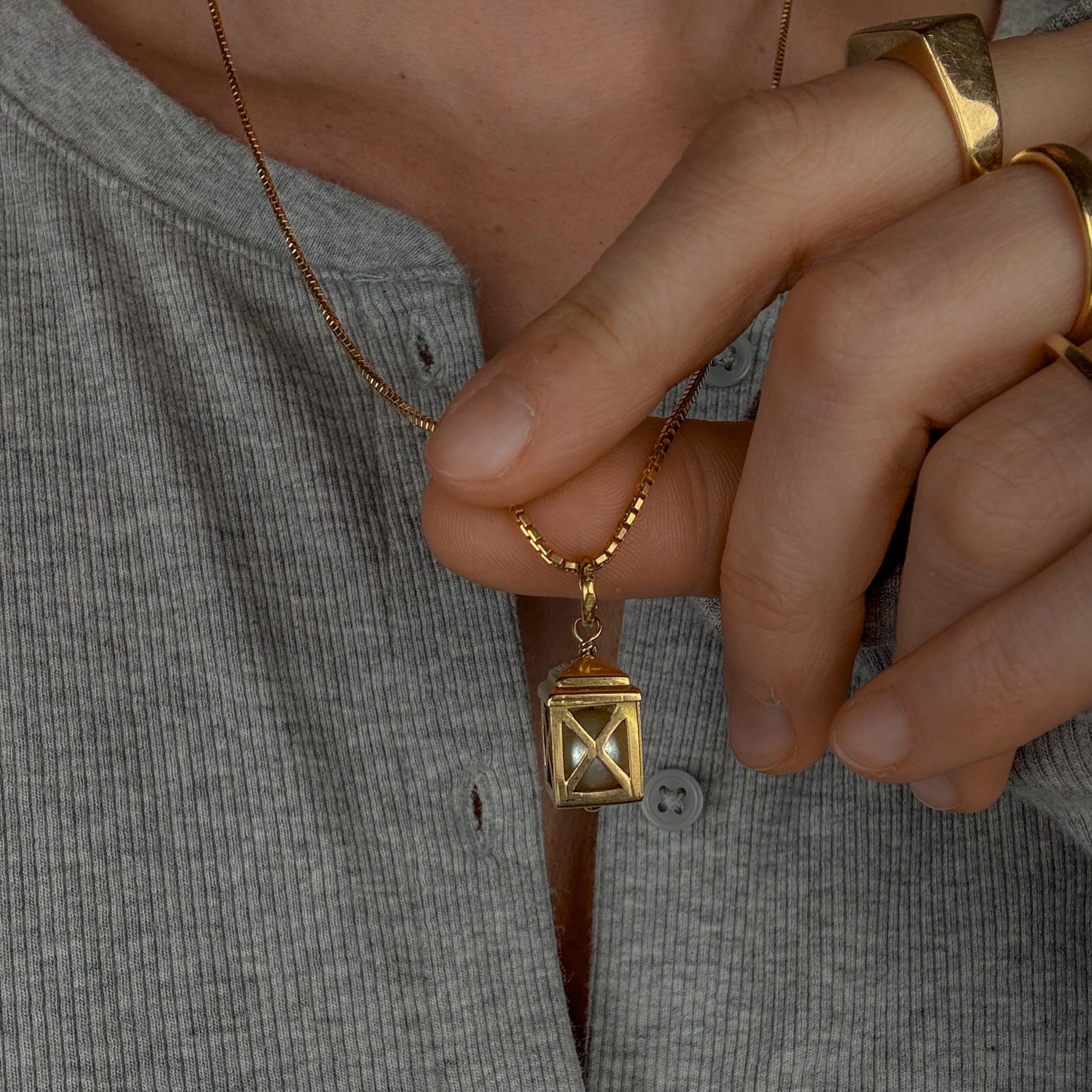 Gold Lantern Charm with Pearl