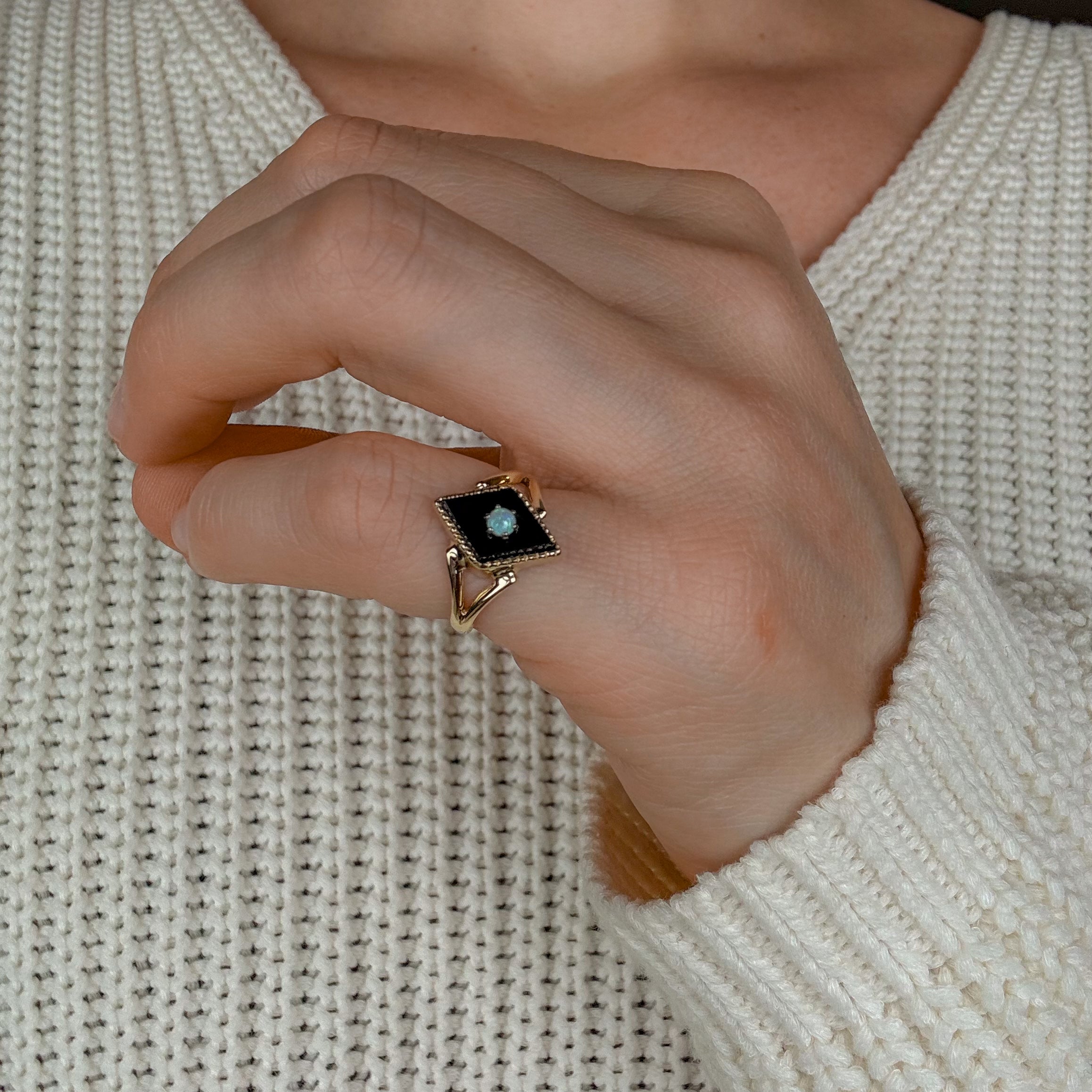 Rhombus Shaped Onyx and Opal Ring