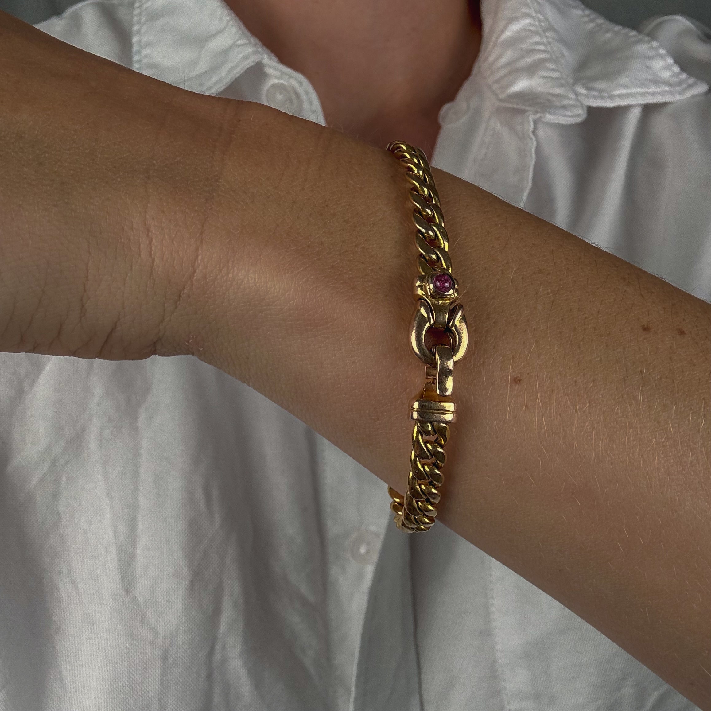 Buttery Curb Link Gold Bracelet with Ruby Clasp