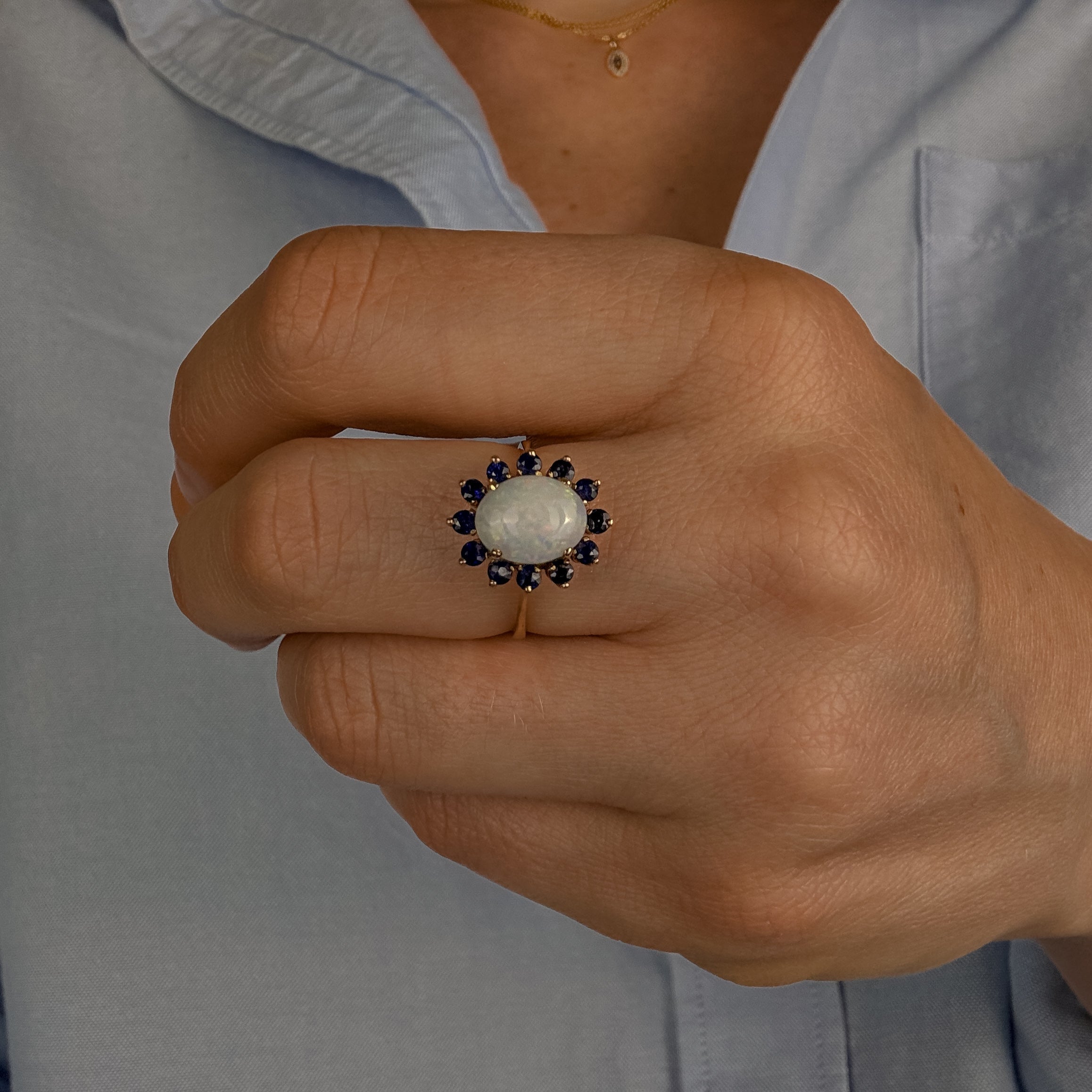 Opal and Sapphire Halo Ring
