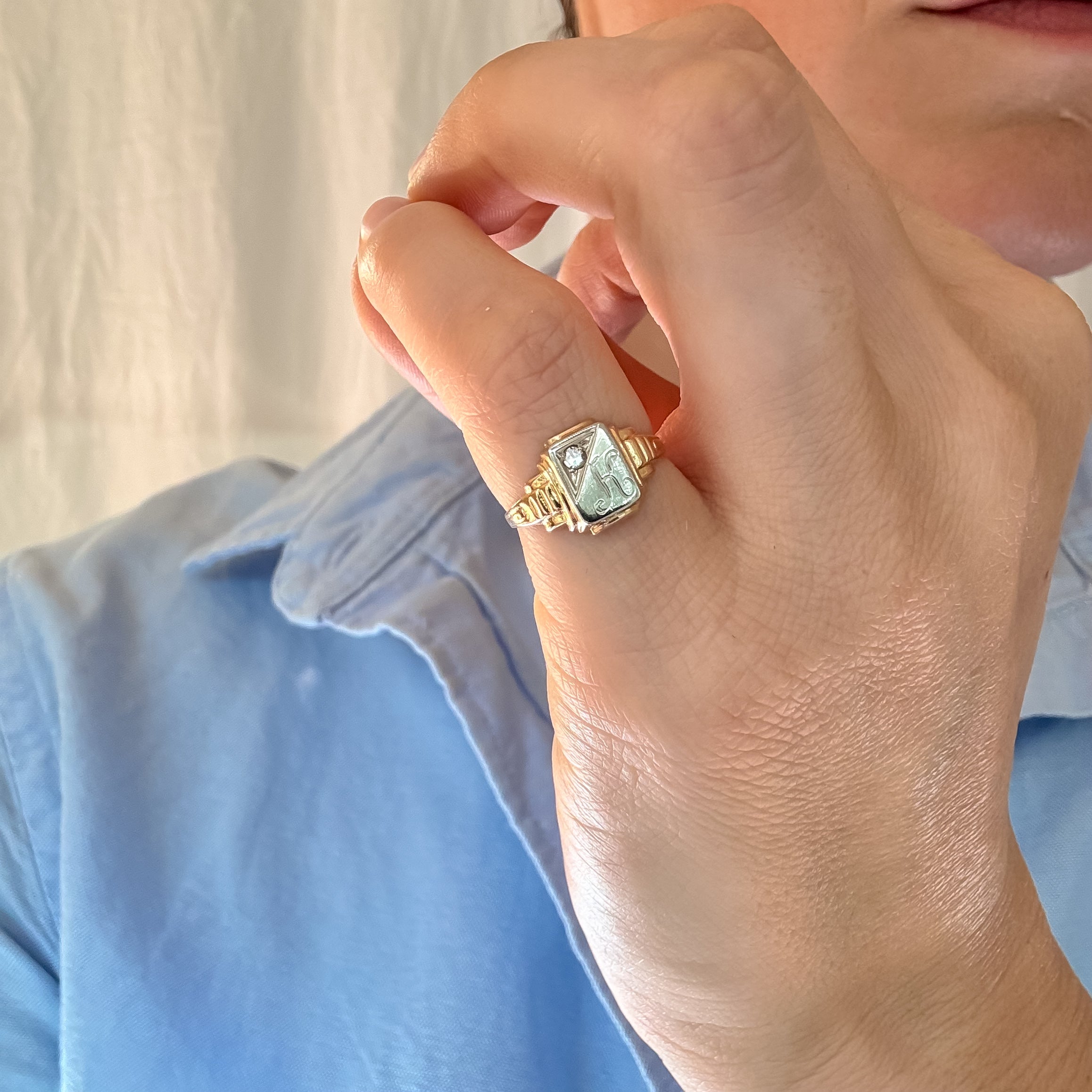 Two-Two Gold and Diamond 'K' Signet Pinkie Ring