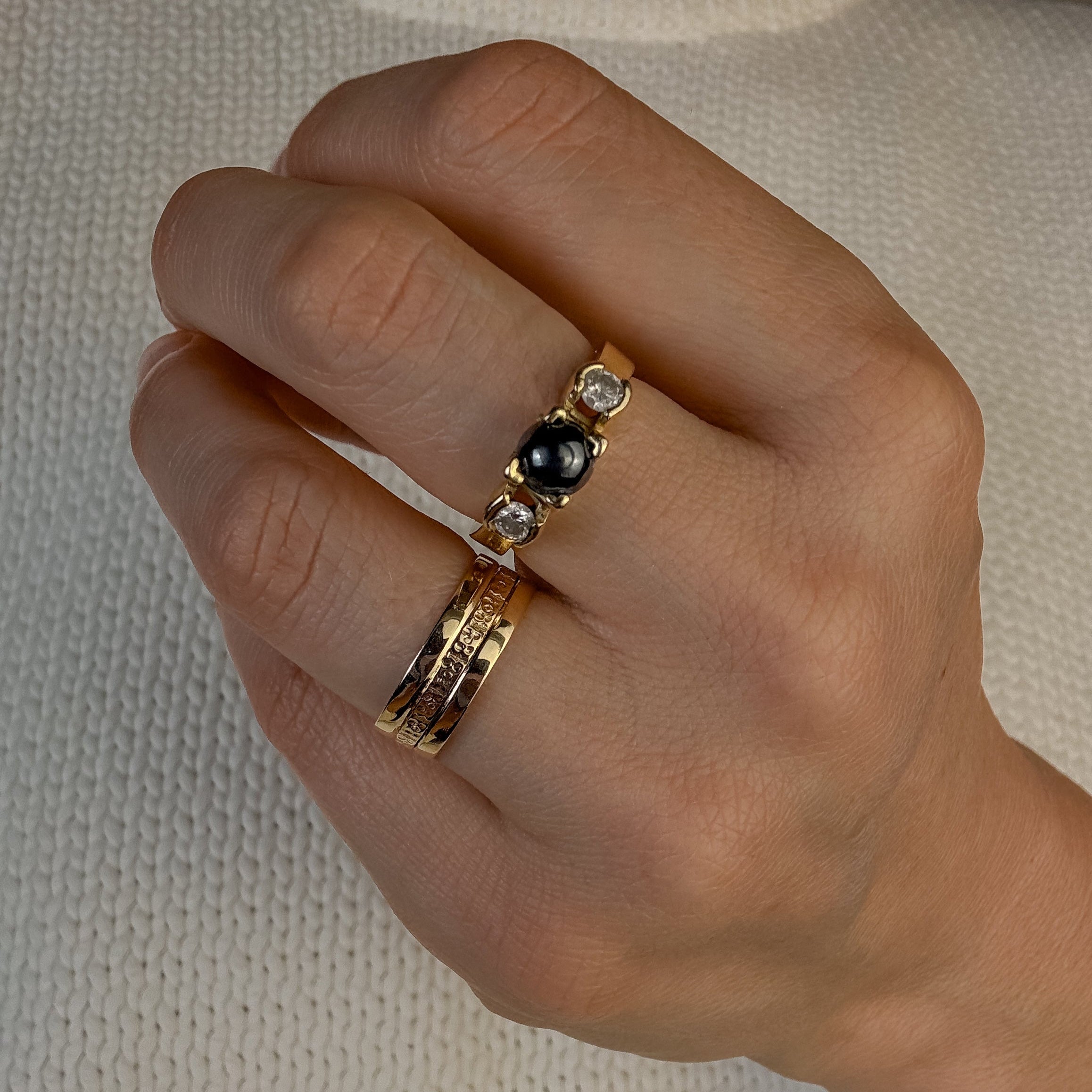 Hematite and Diamond Trilogy Ring