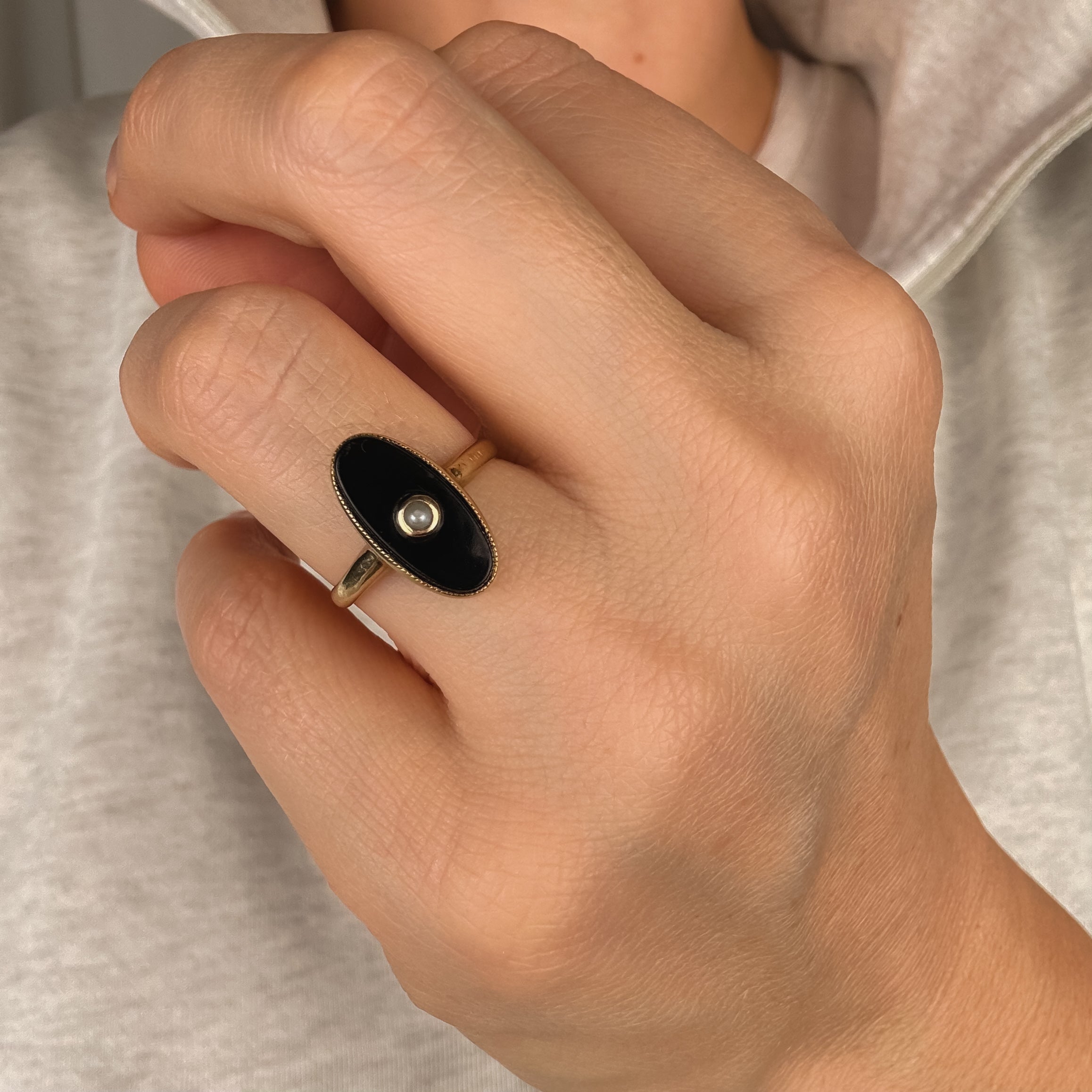 Onyx and Seed Pearl Oval Ring