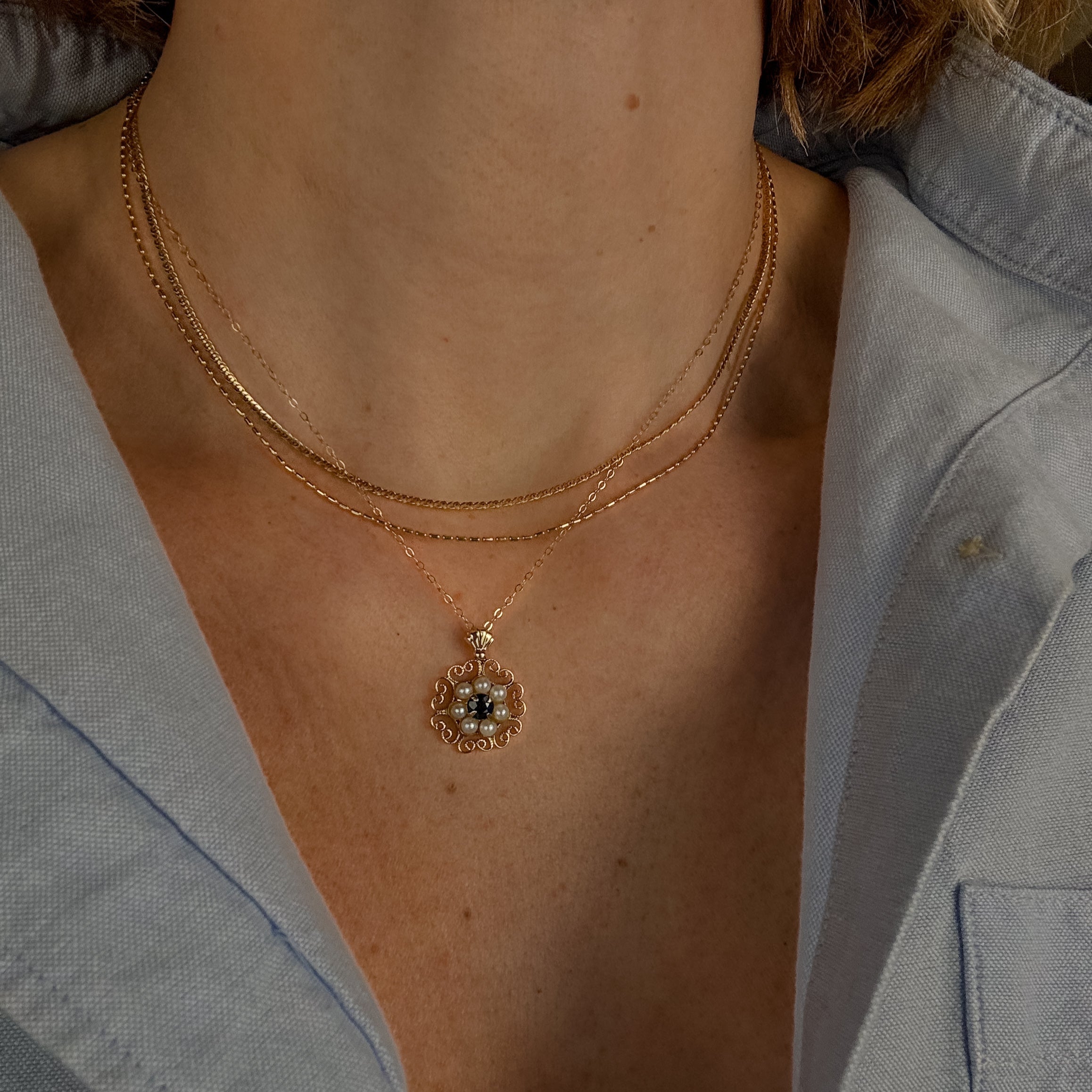 16.5" Sapphire and Pearl Flower Necklace