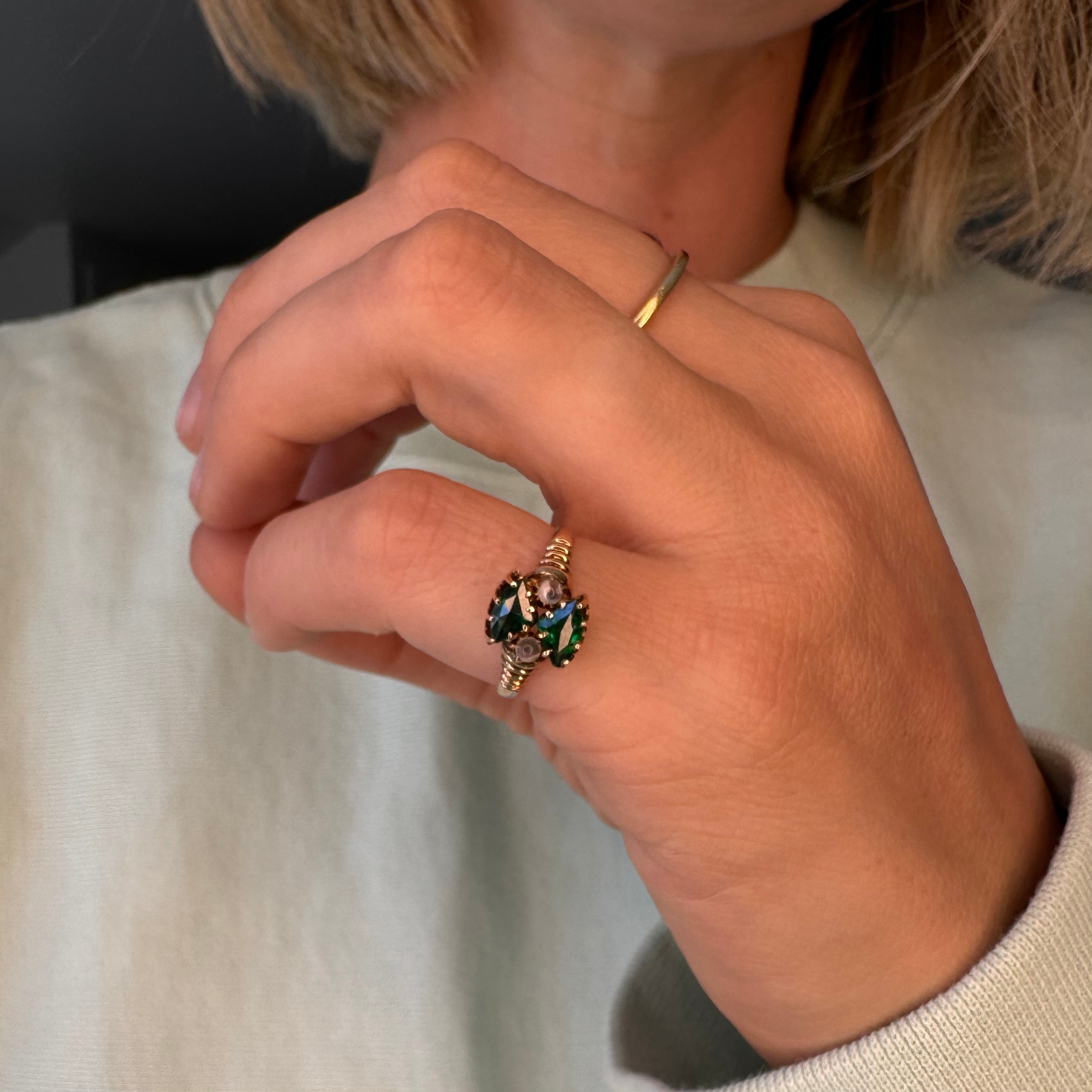Green Tourmaline and Moonstone Pinkie Ring