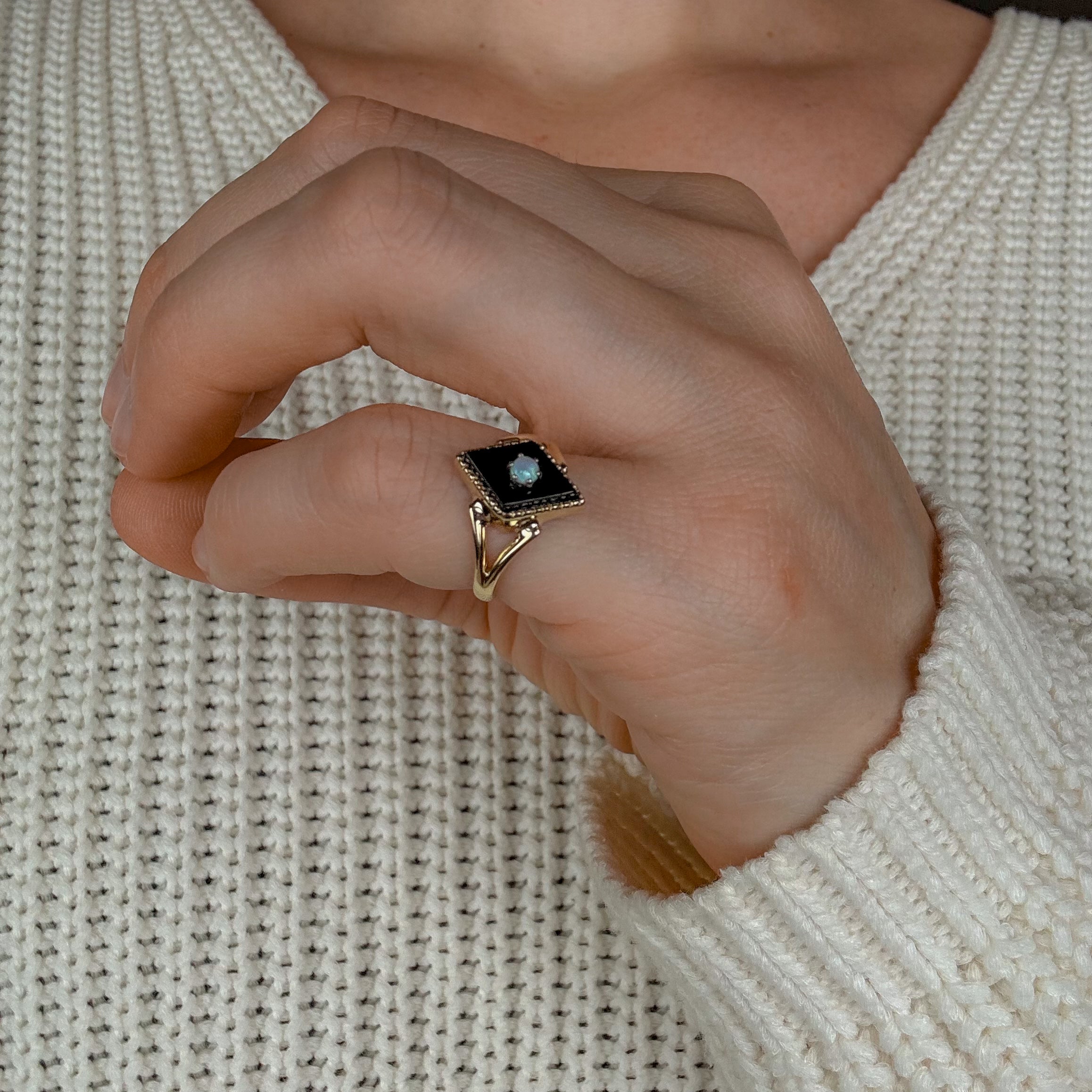 Rhombus Shaped Onyx and Opal Ring