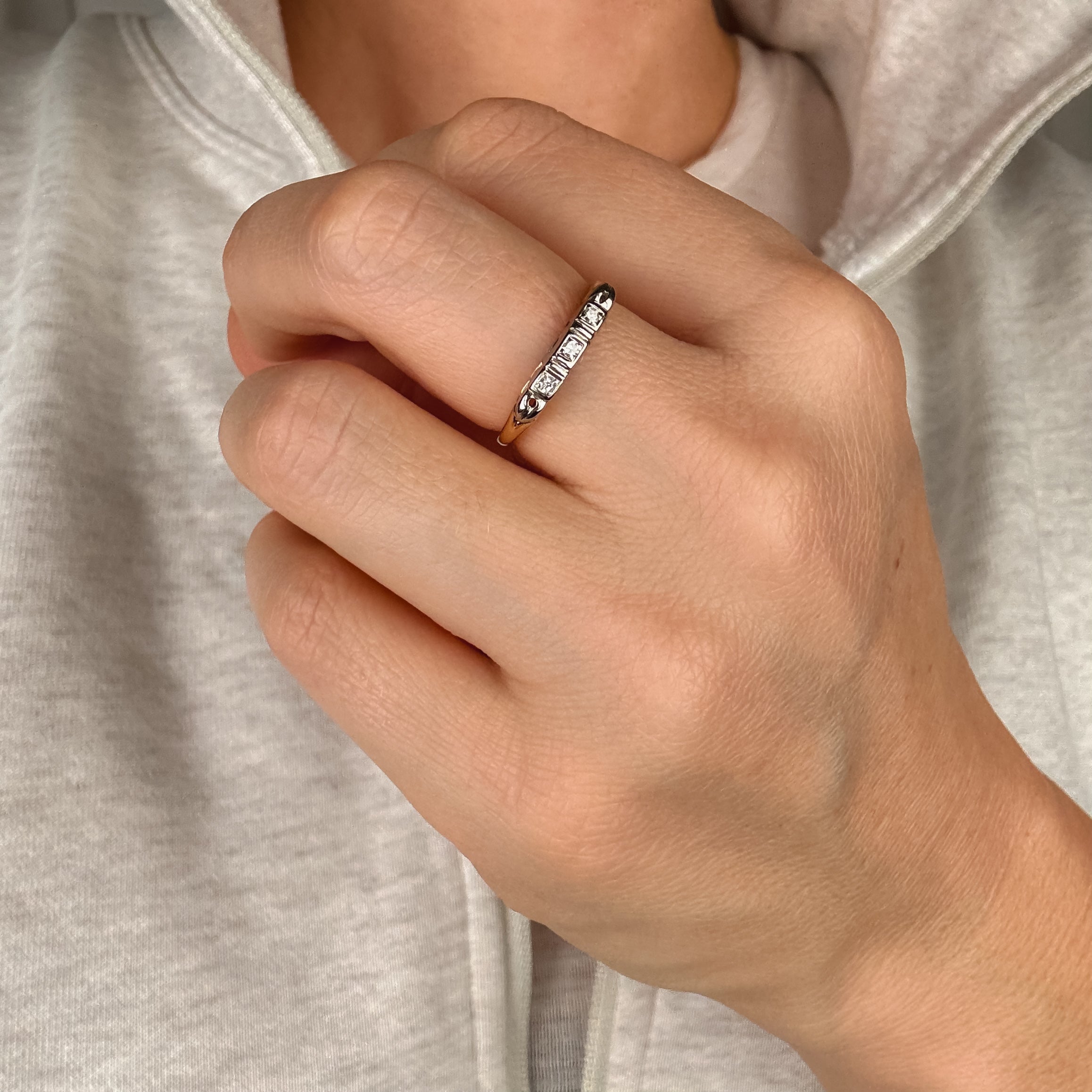 Antique White and Yellow Gold Diamond Trilogy Ring