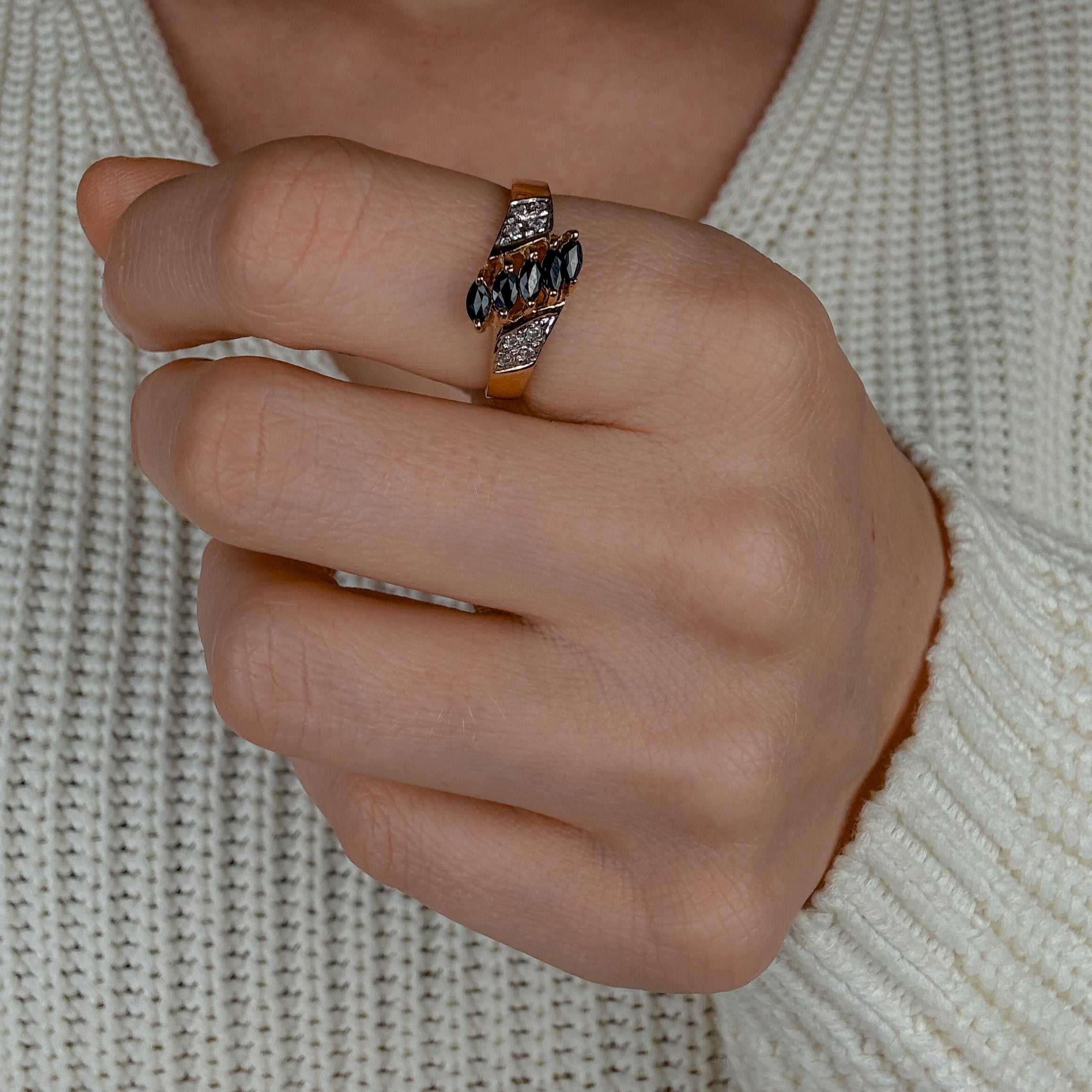 Slanted Sapphire and Diamond Ring