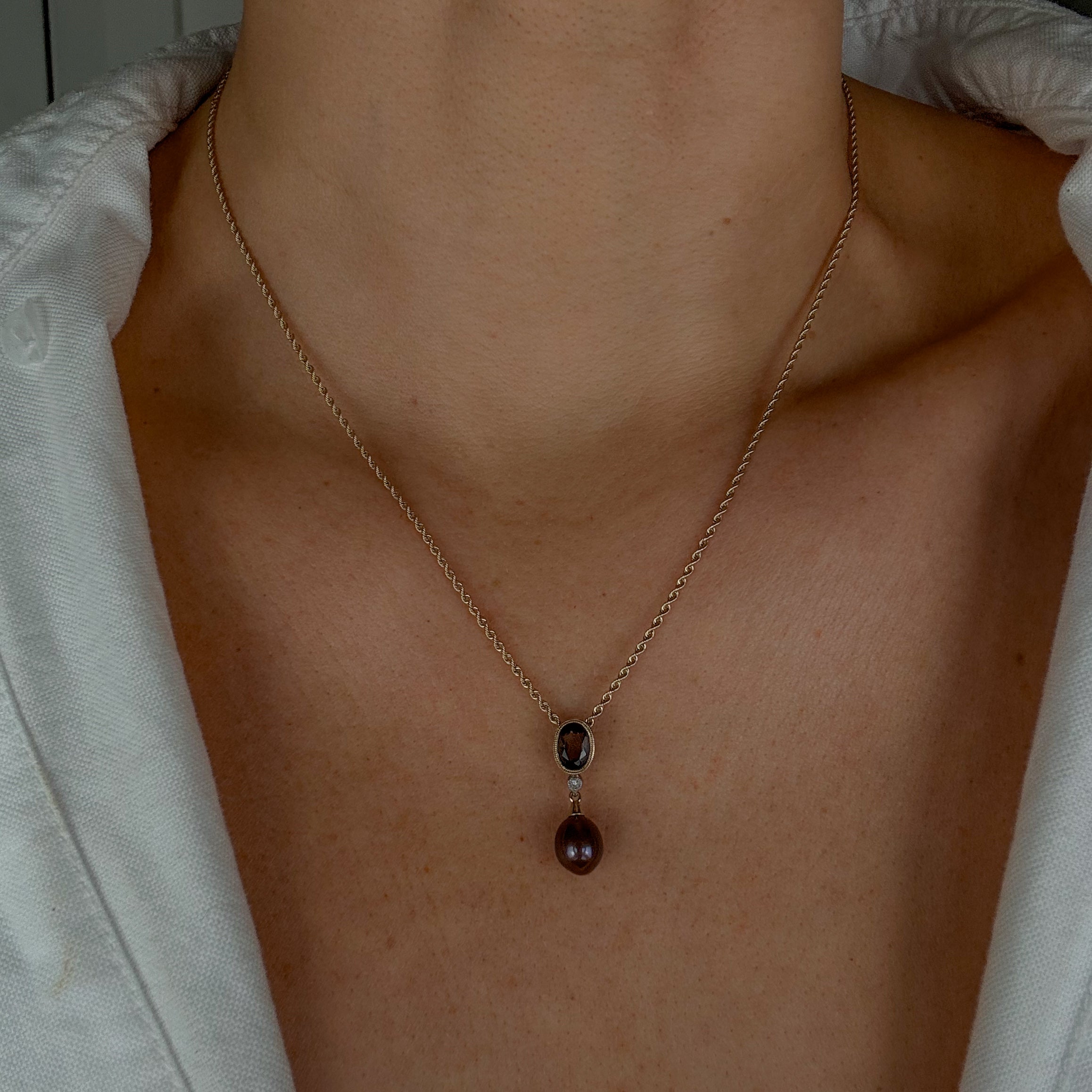 Smoky Quartz and Purple Pearl Chain Necklace