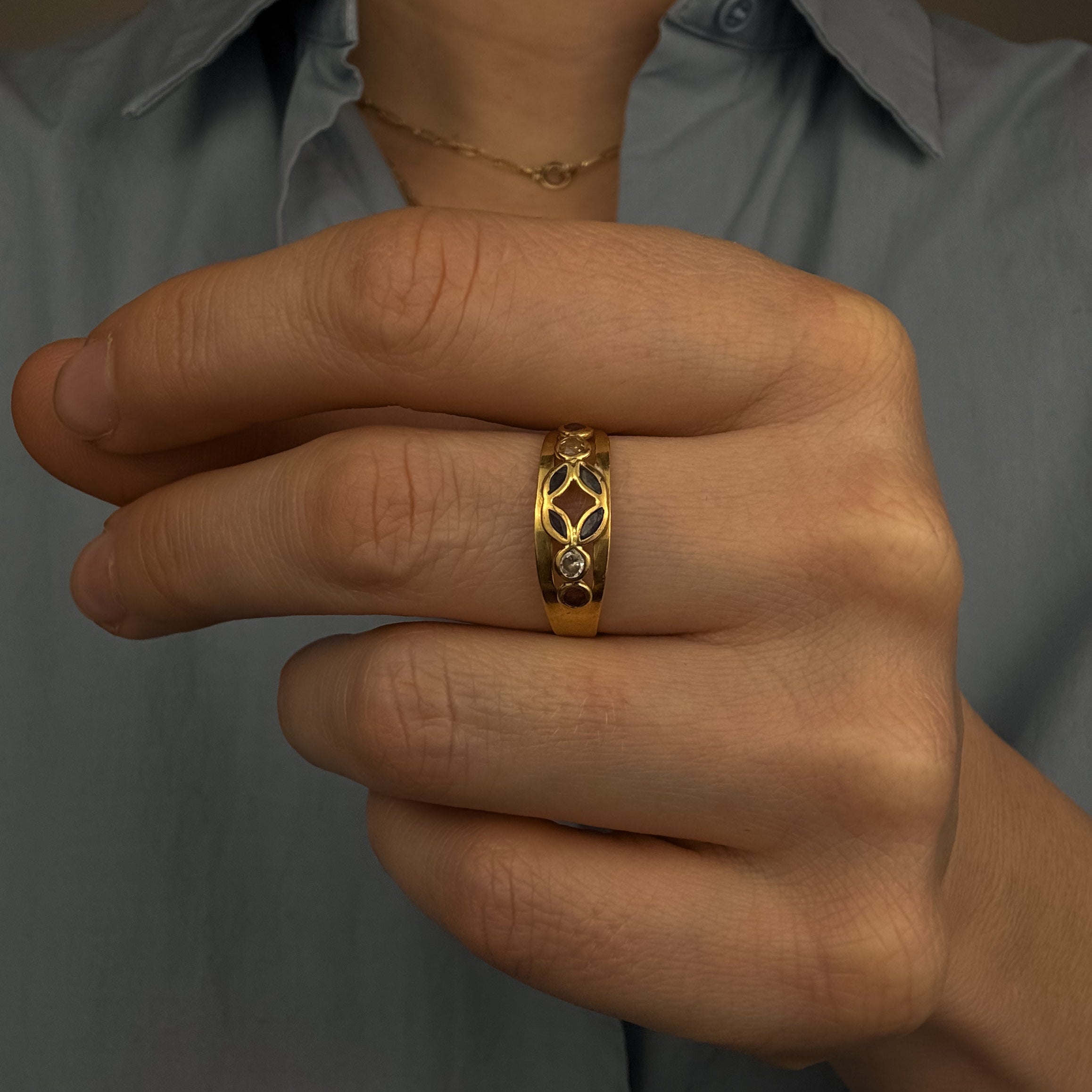 White topaz, Sapphire, and Ruby Band