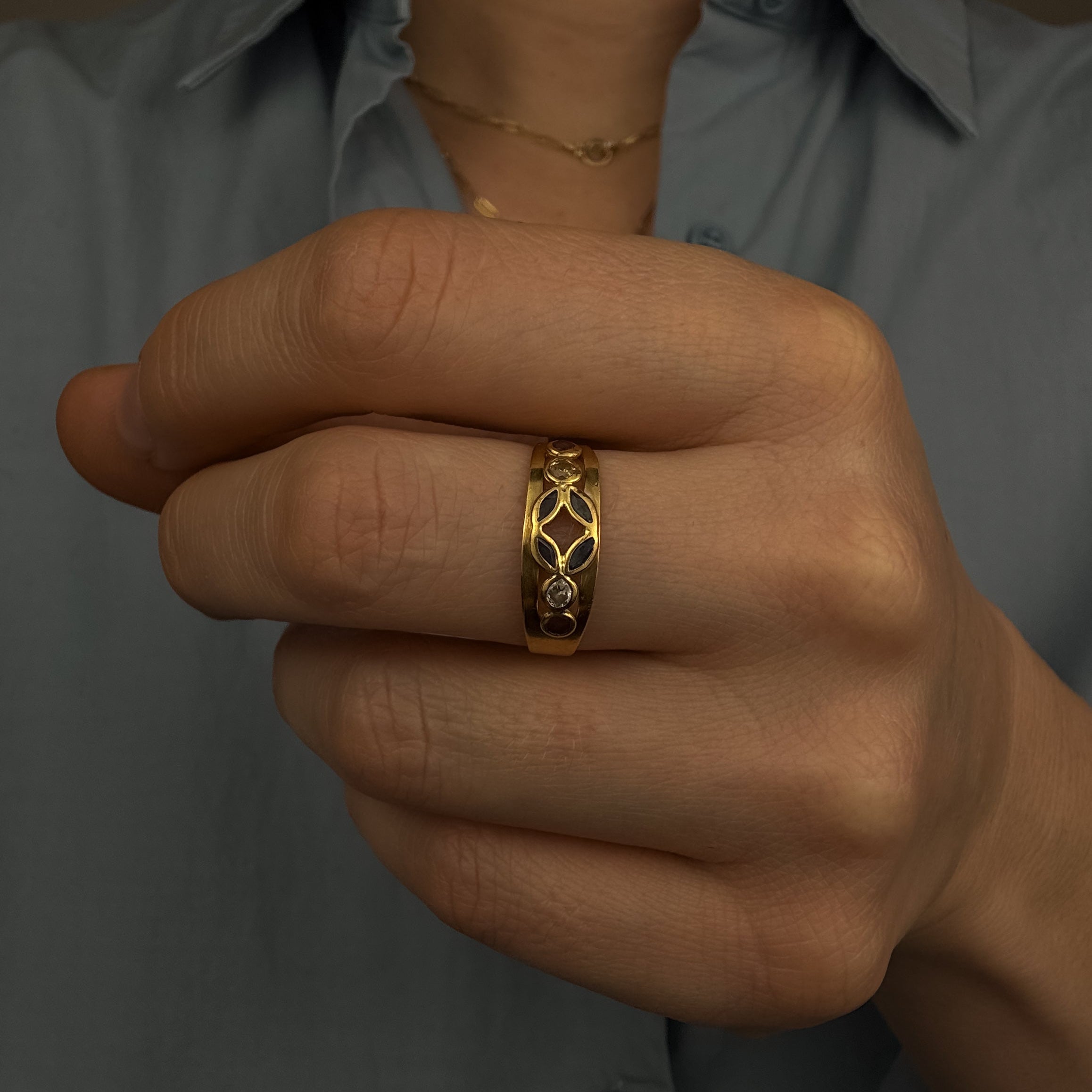 White topaz, Sapphire, and Ruby Band
