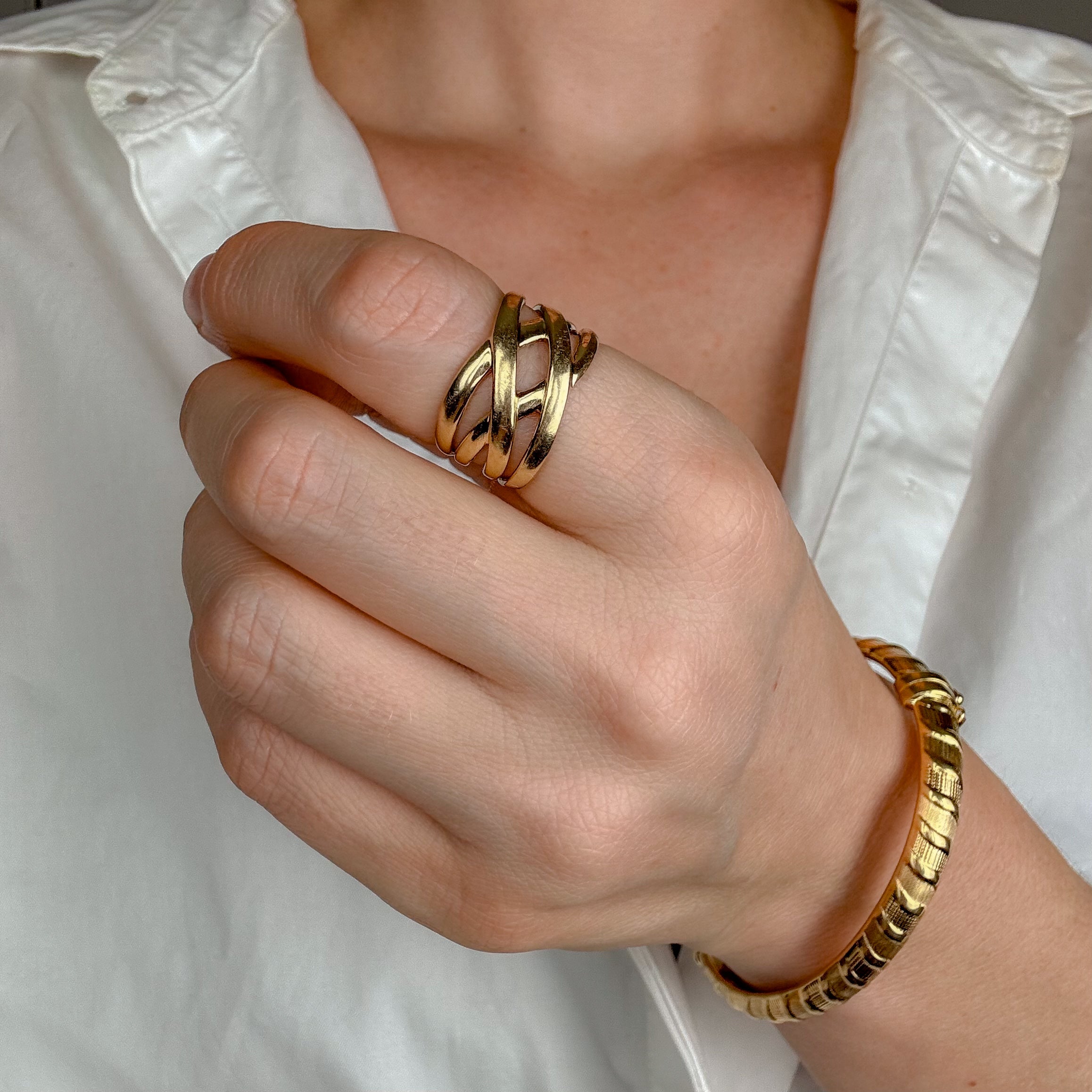 Wide Stacked Wave Gold Band