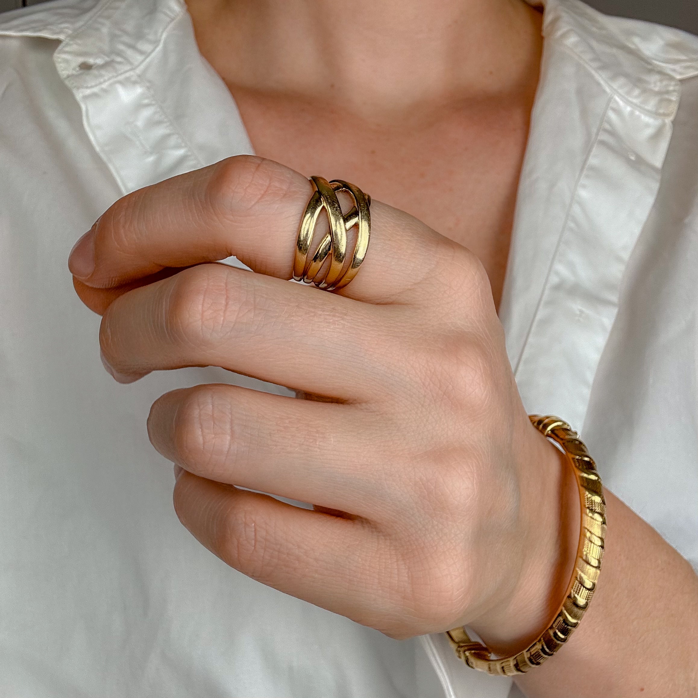Wide Stacked Wave Gold Band