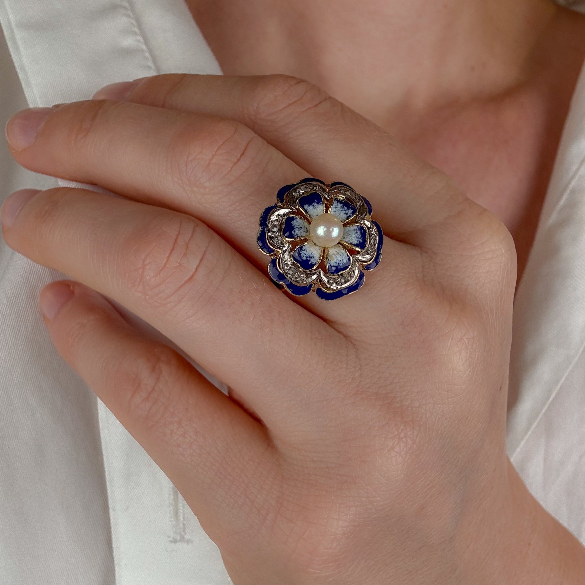 Flower Enamel Diamond and Pearl Ring