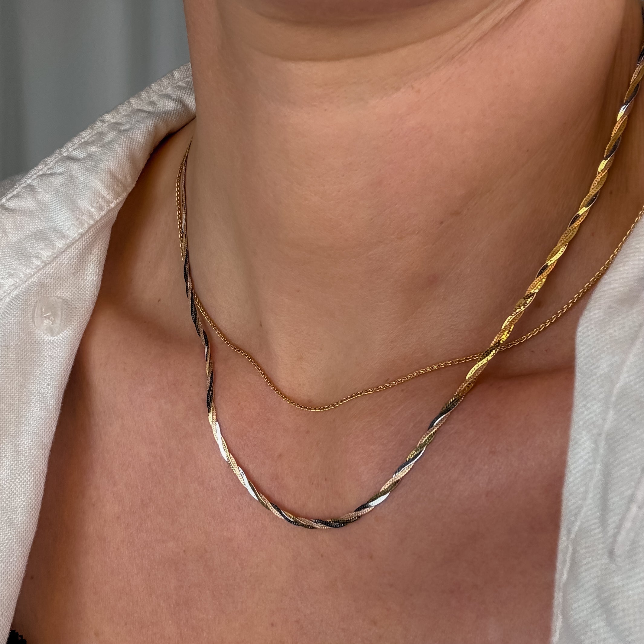 18" Braided Tri-Tone Herringbone Chain Necklace