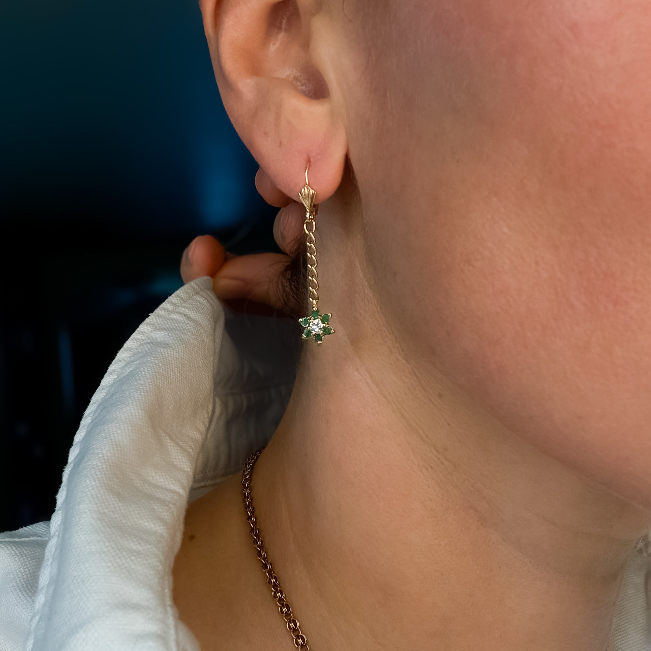 Emerald and Diamond Flower Dangle Earrings