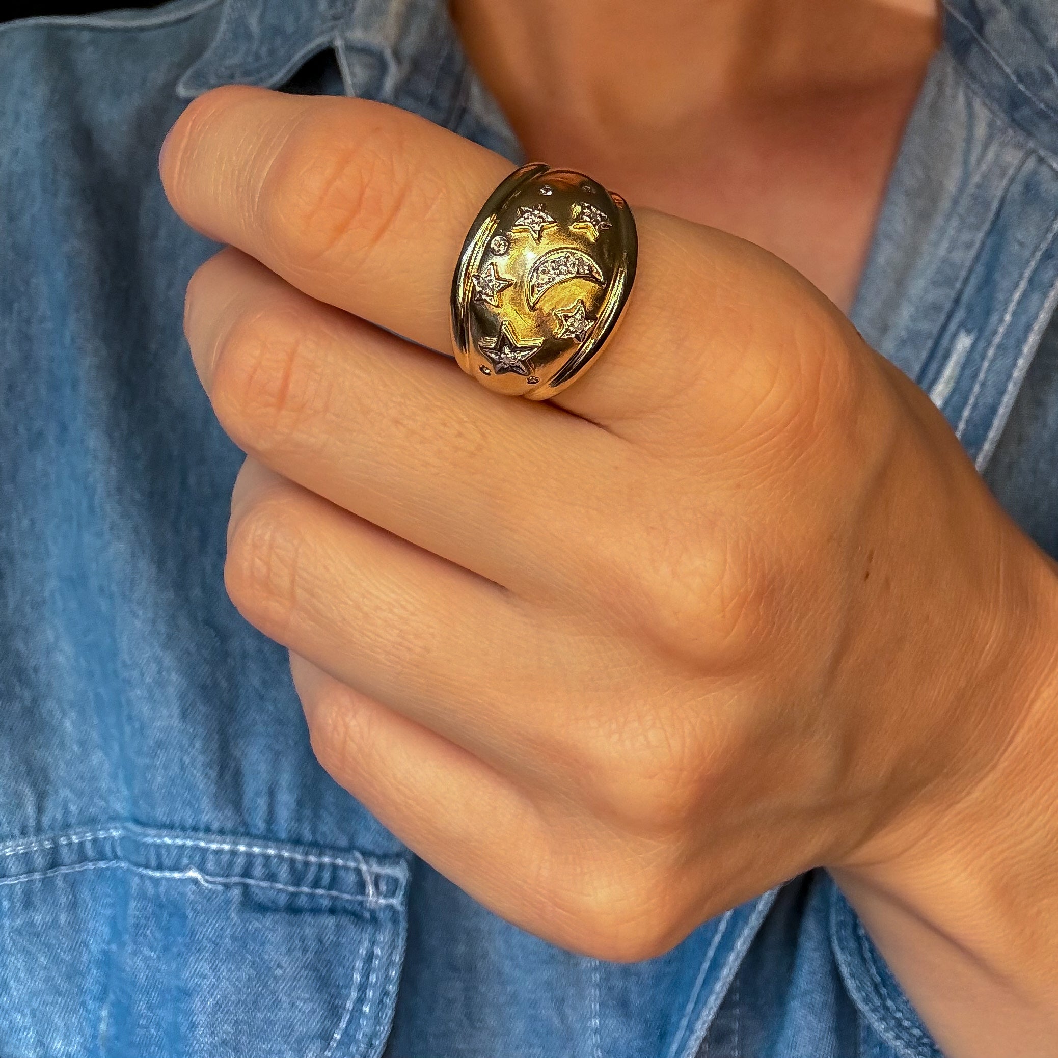 Diamond Moon and Stars Dome Ring
