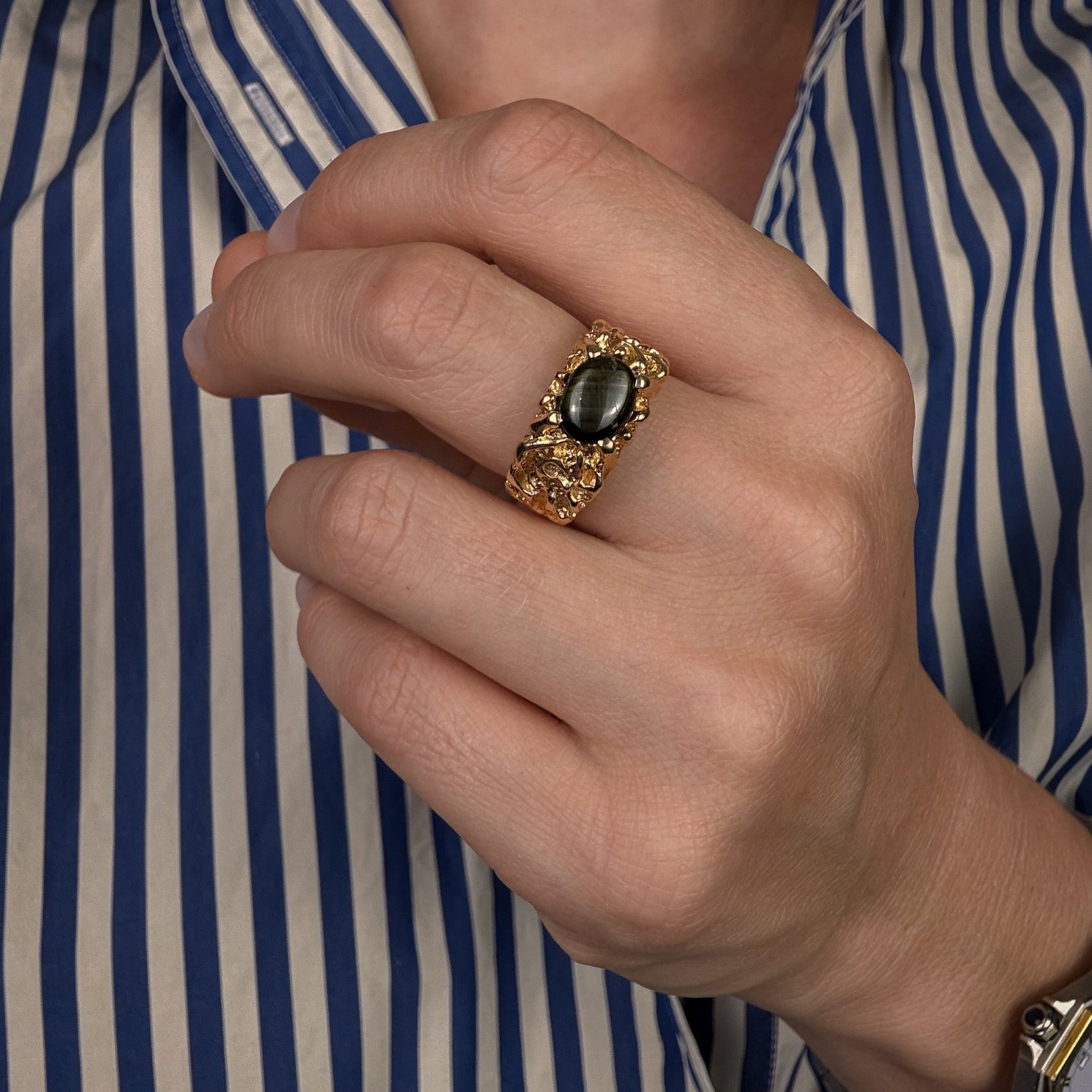 Gold Nugget Black Star Sapphire Ring