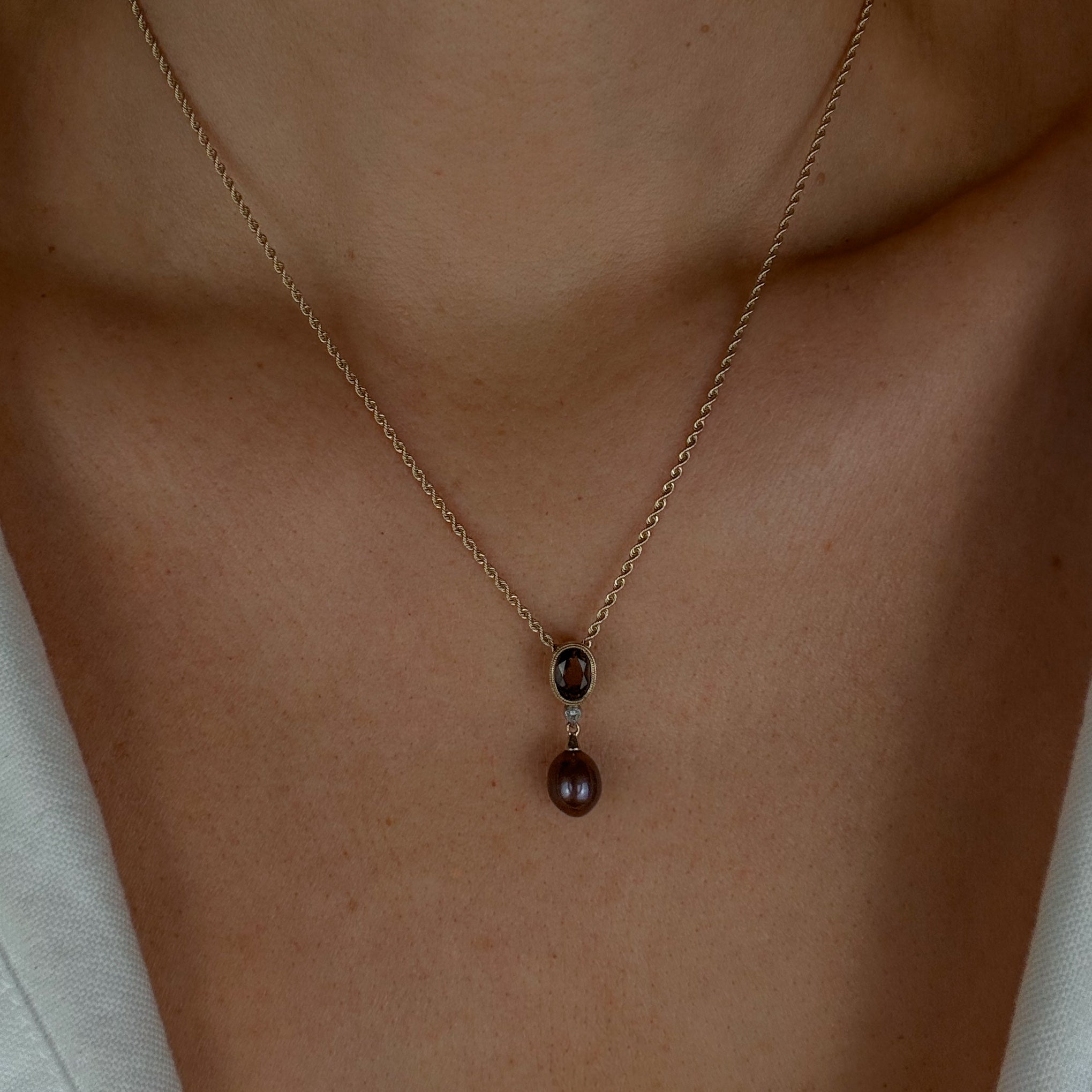 Smoky Quartz and Purple Pearl Chain Necklace