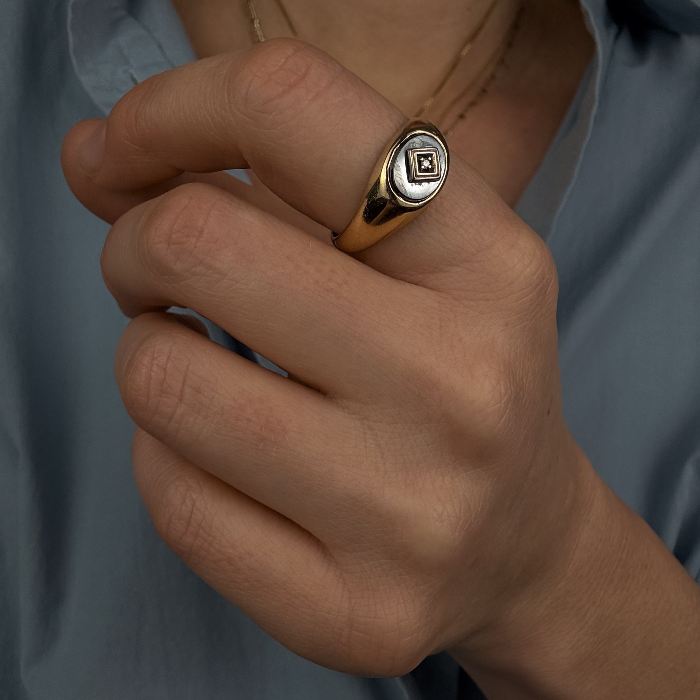 Hematite and Diamond Signet Ring