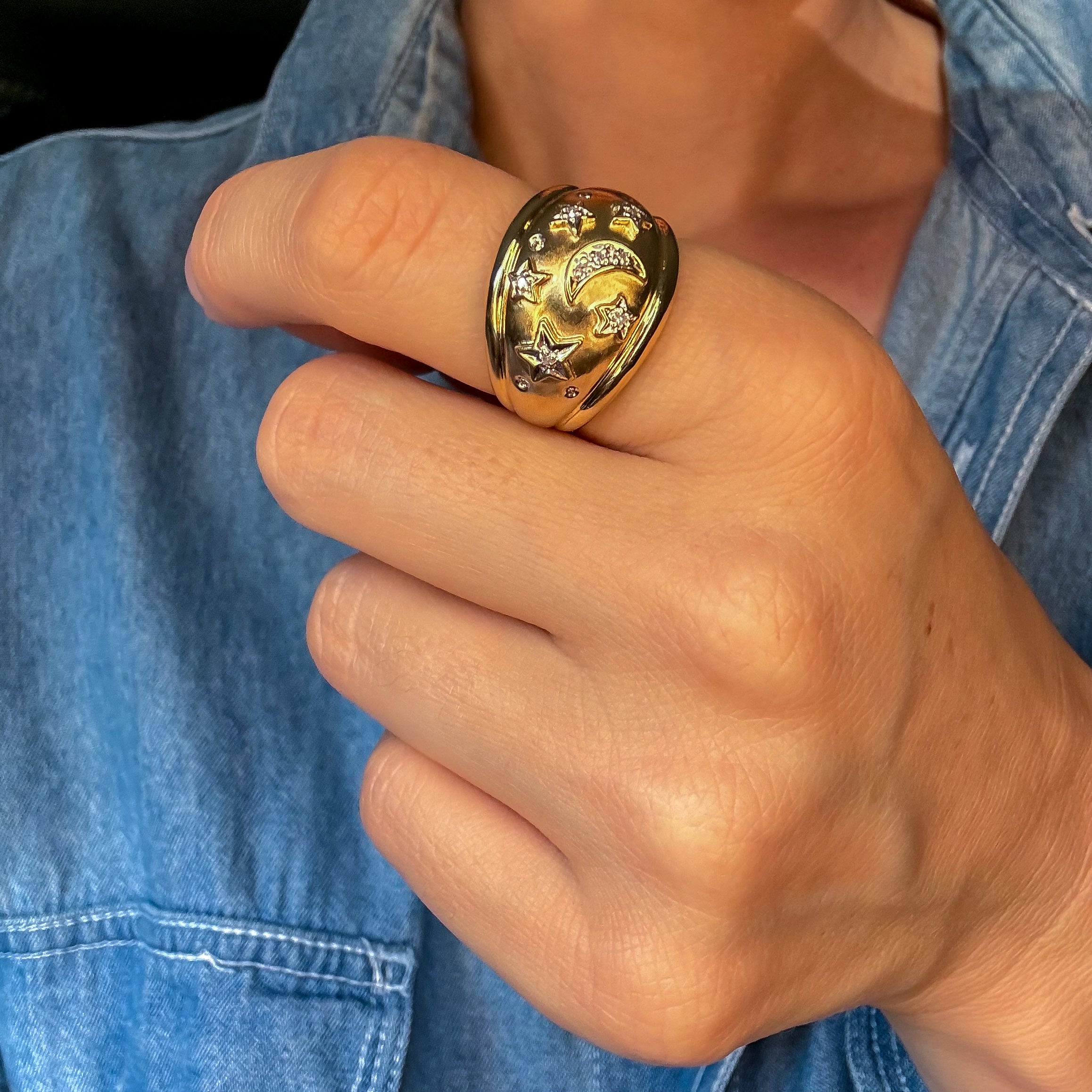 Diamond Moon and Stars Dome Ring