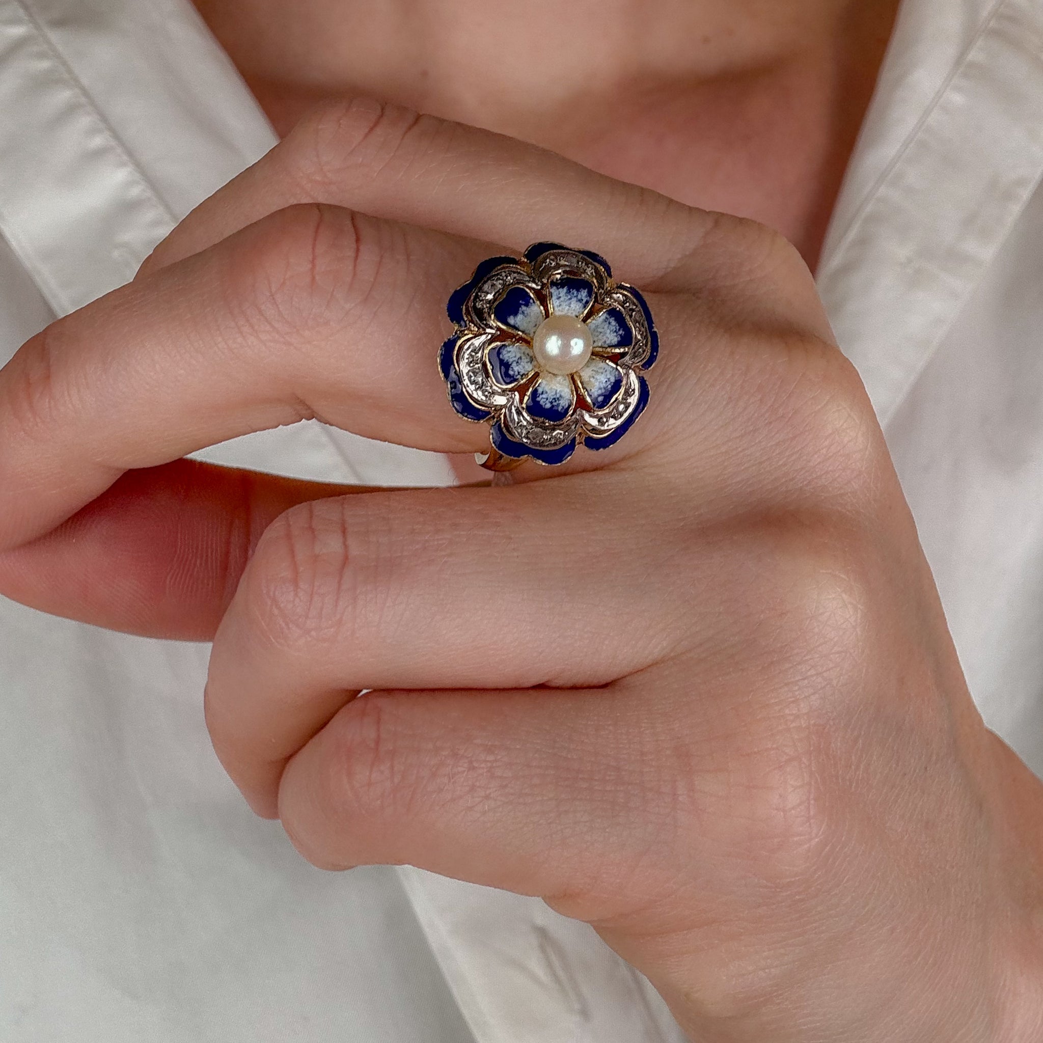 Flower Enamel Diamond and Pearl Ring