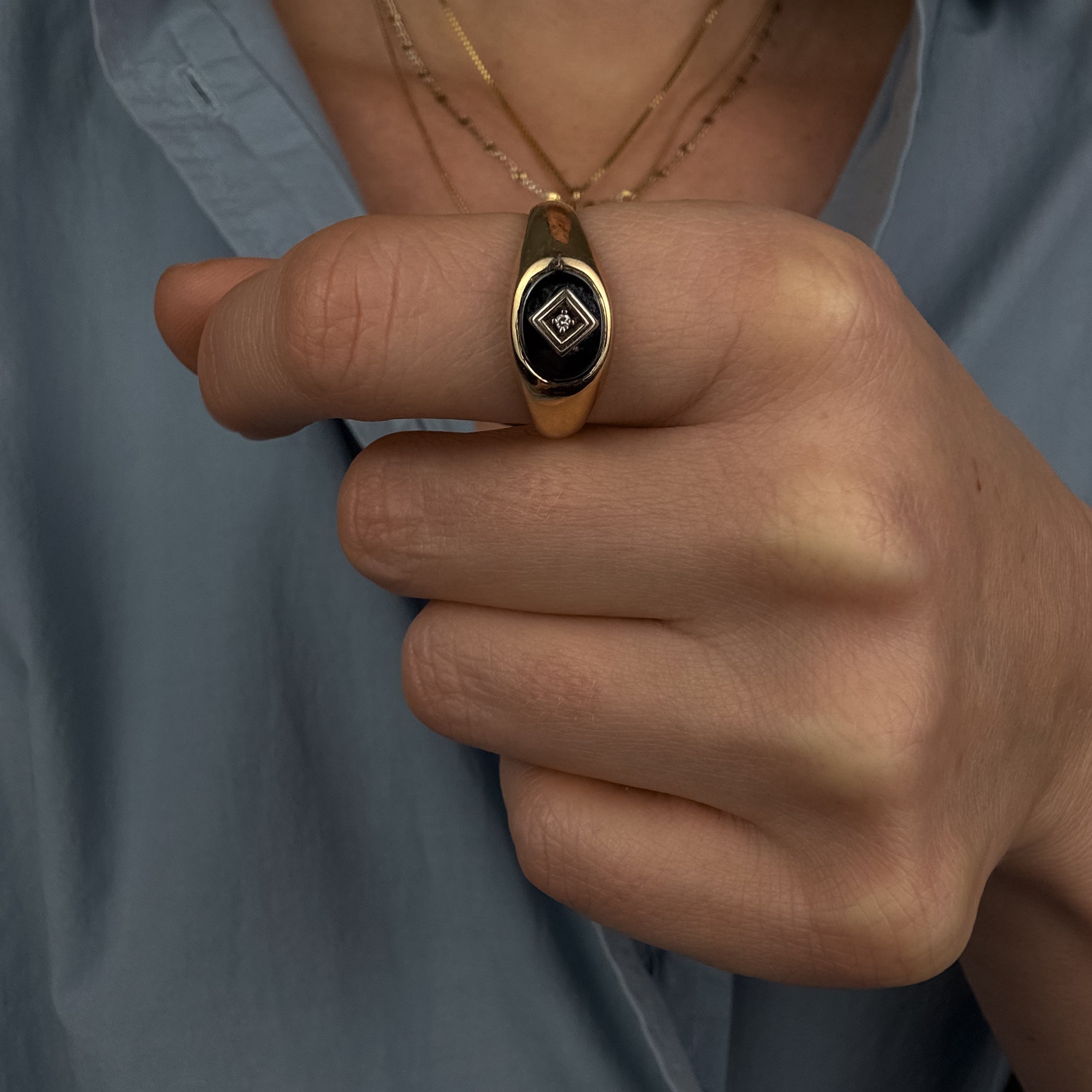 Hematite and Diamond Signet Ring