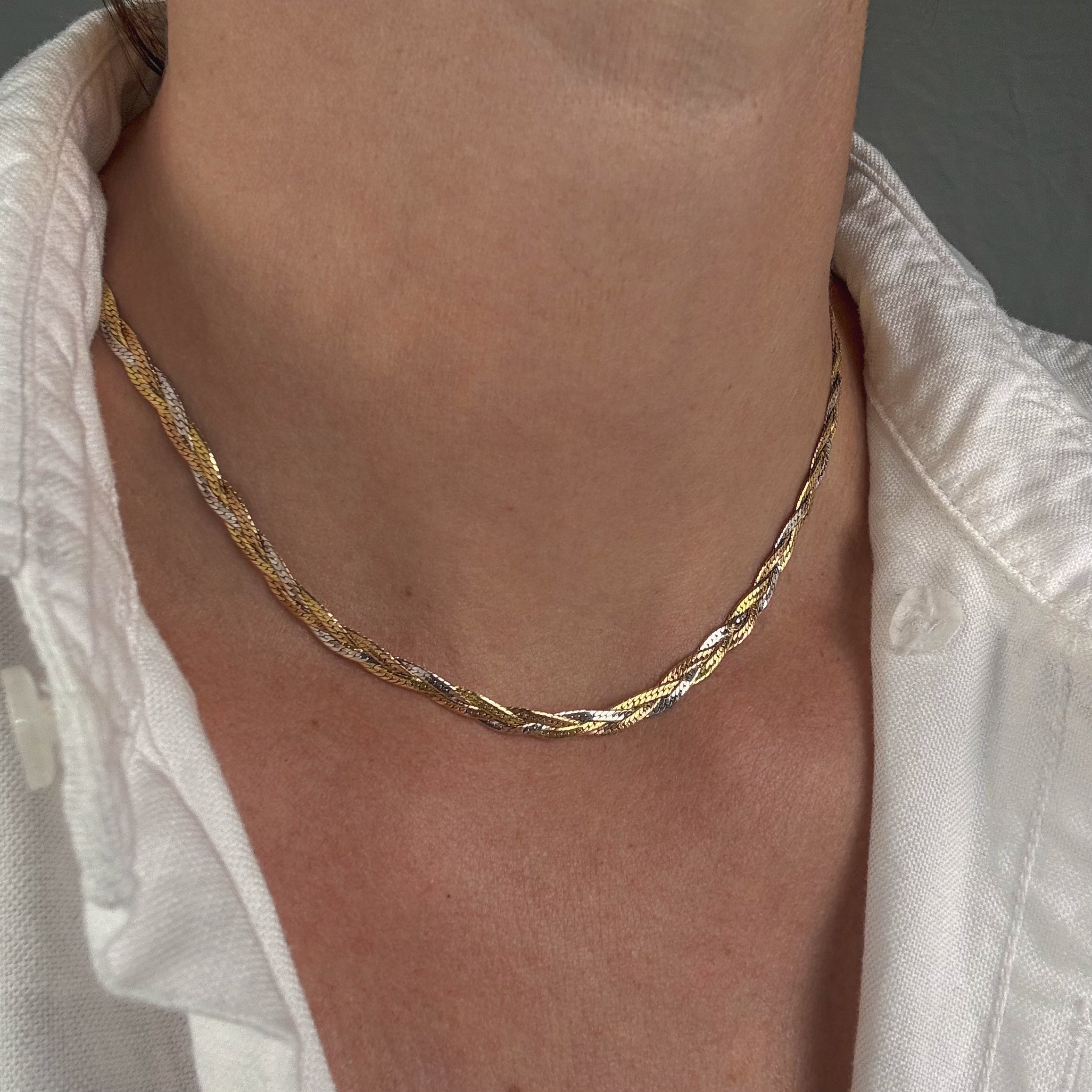 16" Braided Tri-Tone Herringbone Chain Necklace