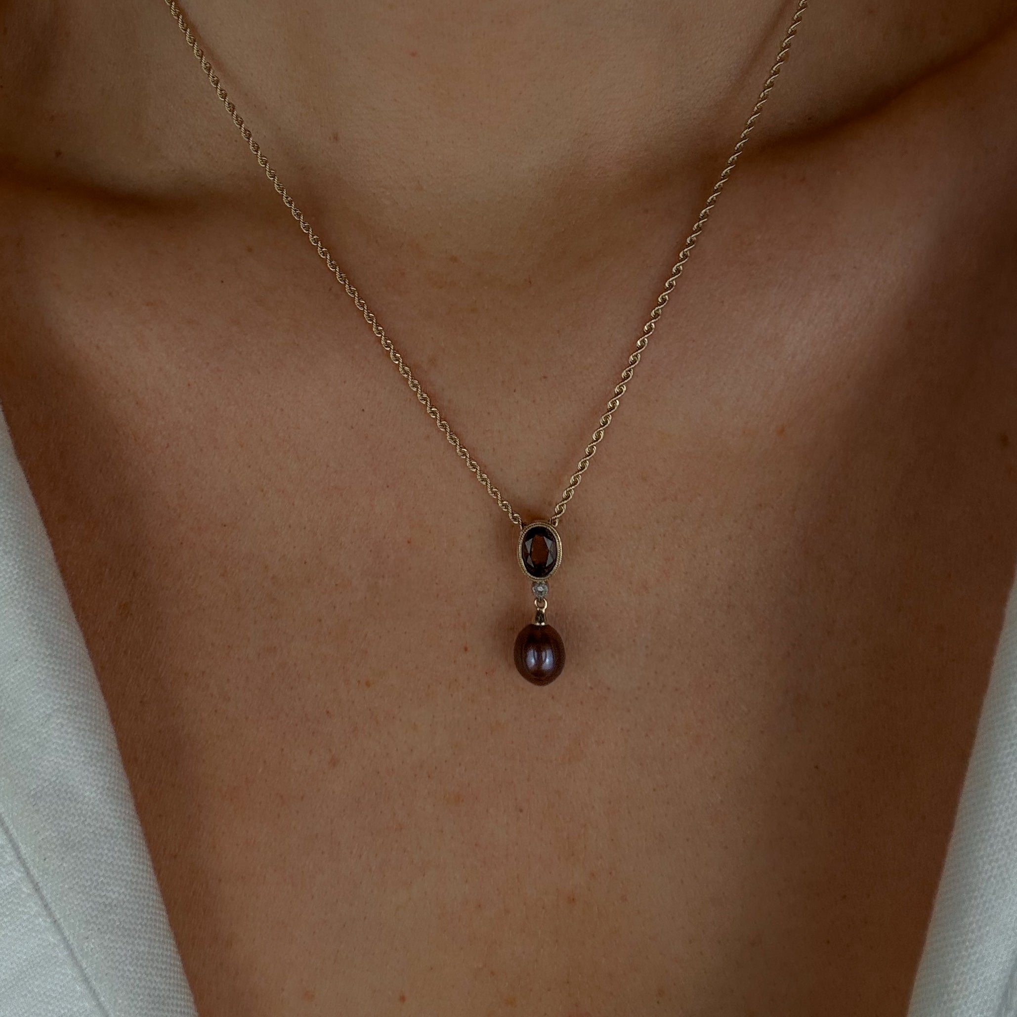 Smoky Quartz and Purple Pearl Chain Necklace