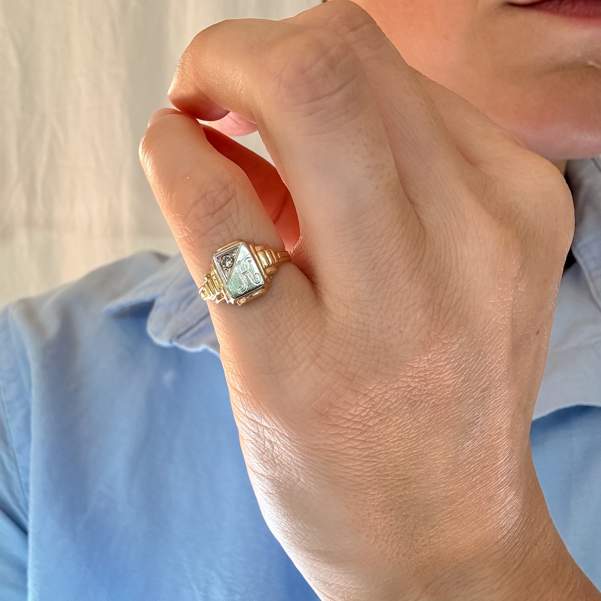 Two-Two Gold and Diamond 'K' Signet Pinkie Ring