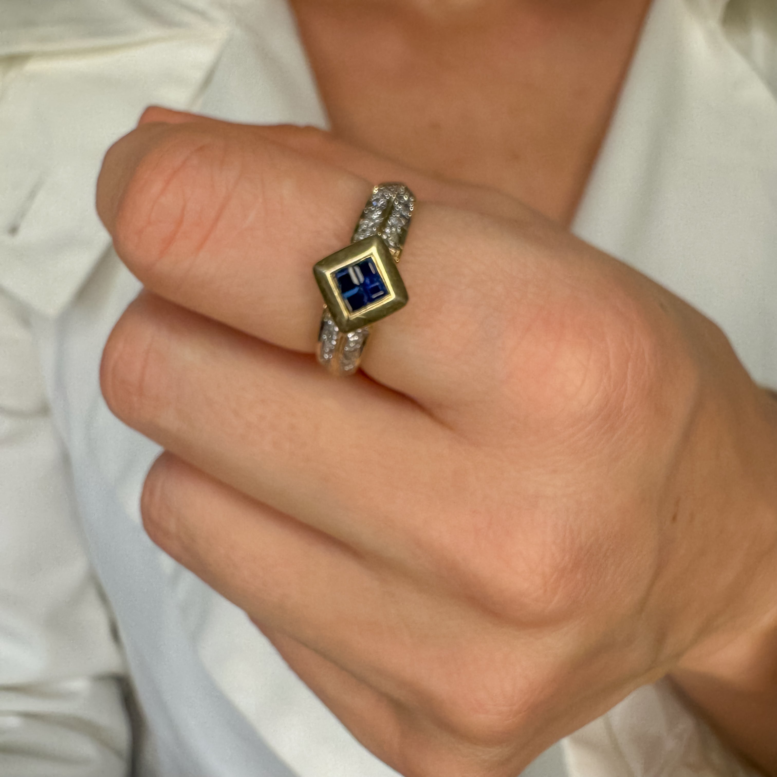 Sapphire and Diamond Rhombus Ring