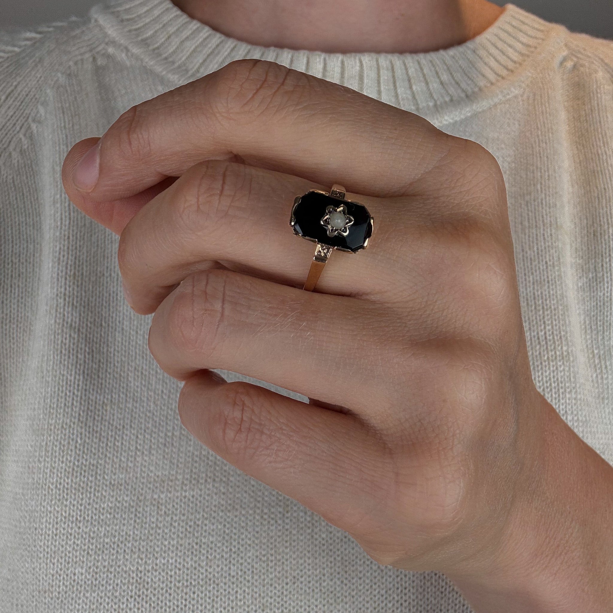 Rectangular Onyx and Seed Pearl Ring