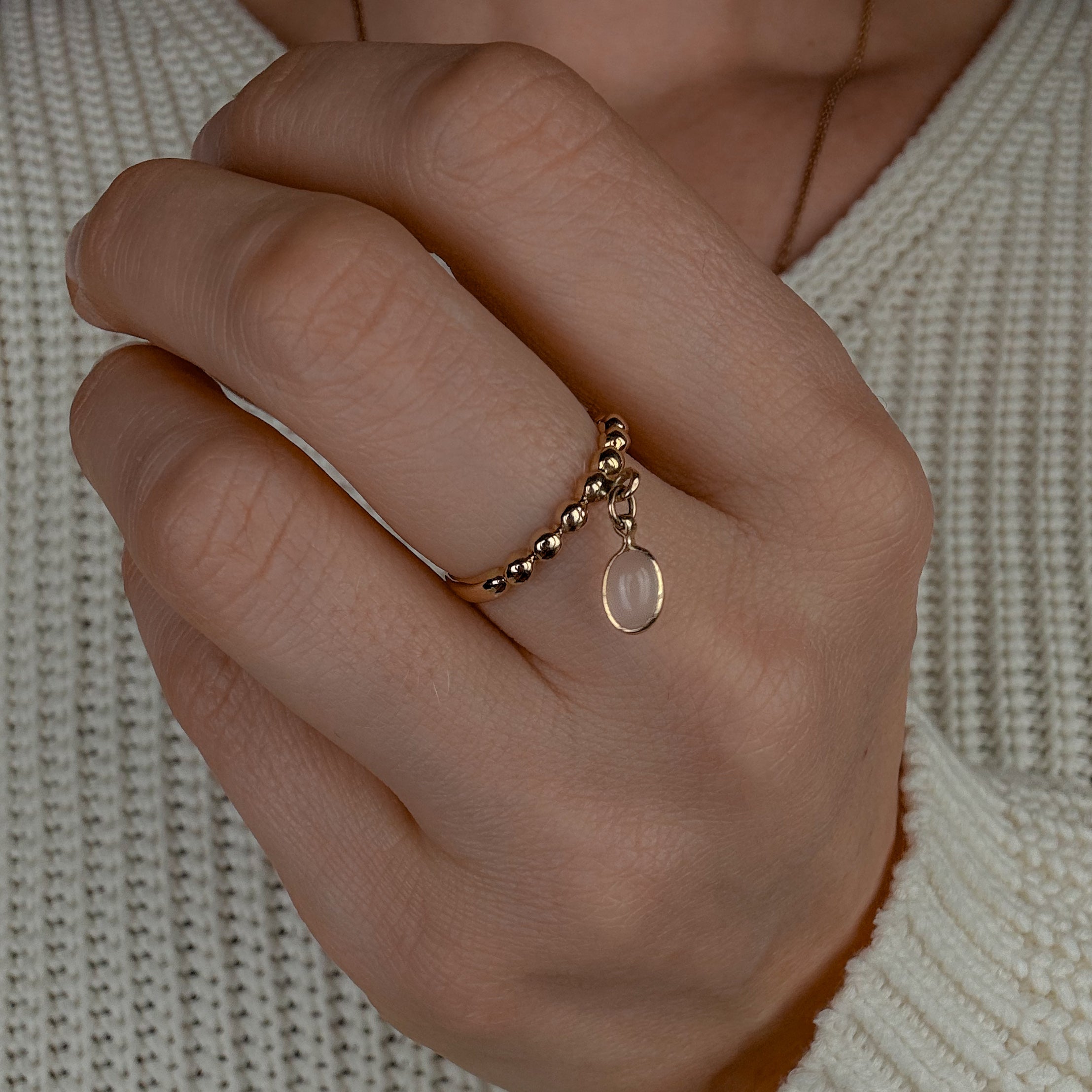 Ribbed Gold Band with Dangle Moonstone